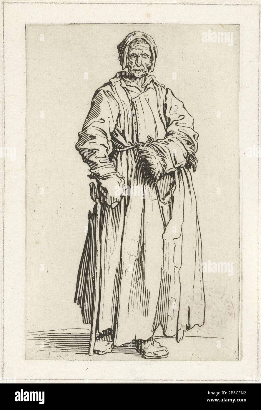 Donna mendicante con una manica e un bastone Gueux Les Les Baroni mendiants Les Barons (titolo della serie) Beggars (titolo della serie) Donna vestita con stracci, dal davanti, cieco in un occhio, la mano sinistra in una manica con la mano destra appoggiata su un bastone. Questa stampa fa parte di una serie di 25 stampe con mendicanti e vaganti, come Callot dove: Apparentemente in Italia gezien. Produttore : stampatore Jacques Callotnaar disegno: Jacques CallotPlats prodotto: Nancy Data: 1622 - 1623 caratteristiche Fisiche: Materiale di incisione: Carta tecnica: Dimensioni di incisione: Bordo della lastra: H 138 mm × W 88 mm Oggetto: BEG Foto Stock