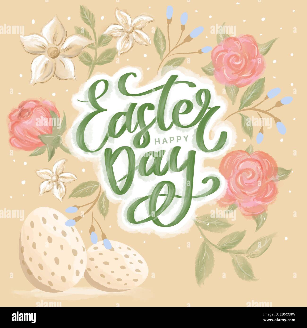 Tema pasquale con fiori, rami e uova. Iscrizione Buon Giorno Di Pasqua. Per tessuti, cartoline e Sfondi. Stampa su tessuto, carta, carte, Foto Stock