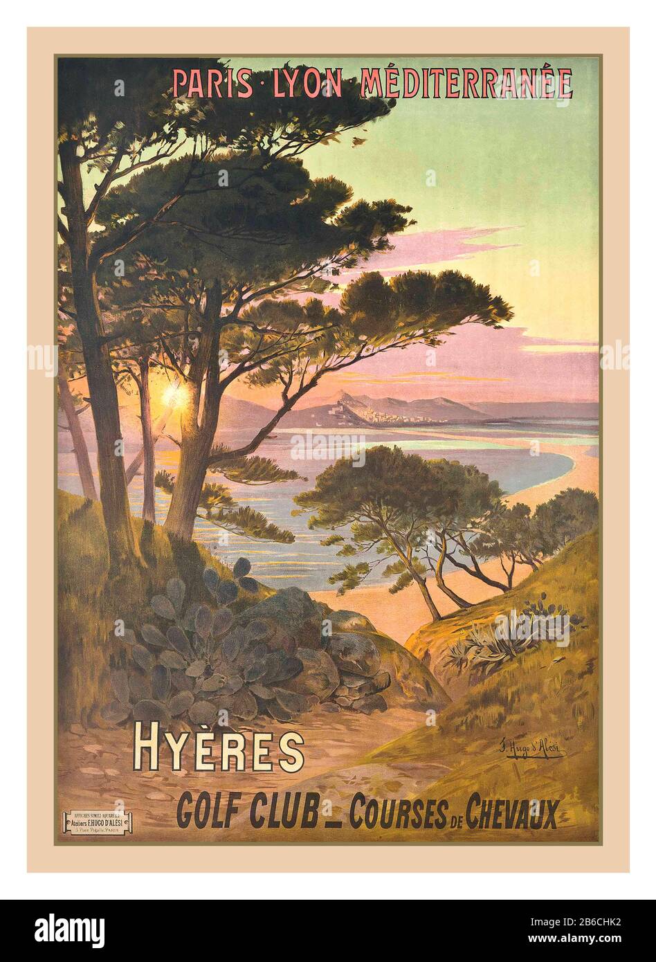 Poster da viaggio vintage PLM HYÈRES, GOLF CLUB Francia meridionale Frederic Hugo d'Alési (1849-1906) litografia a colori, c.1900, stampato da Atelier F.Hugo d'Alési, Foto Stock