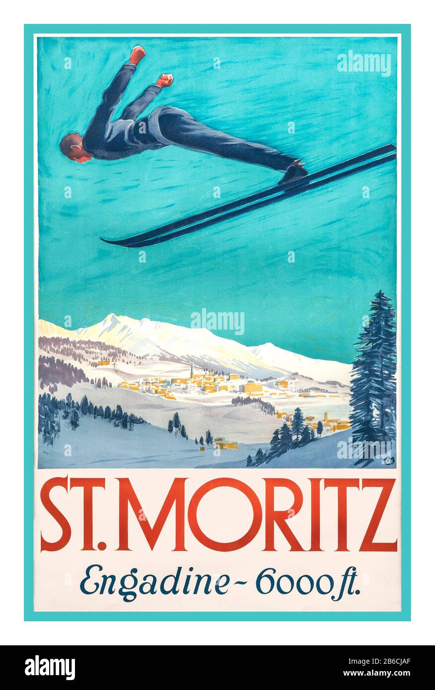 ST. Moritz VINTAGE 1900s winter sports ski jump Poster di Carl Moos (1878-1959) litografia St Moritz, Engadine Valley a 6000ft Svizzera Foto Stock