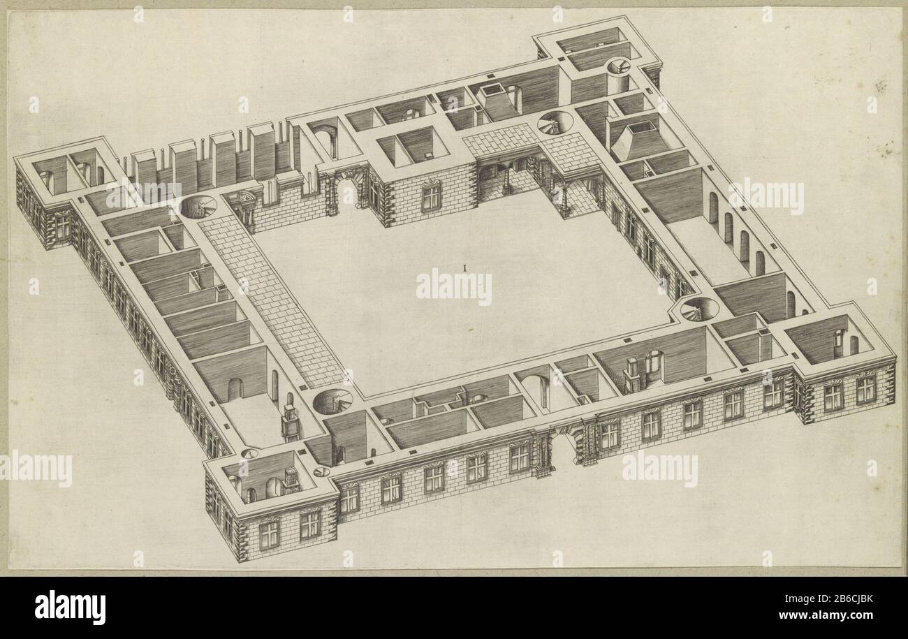 Piano terra di un palazzo Quattro piani di un palazzo (titolo della serie) Assegnato al centro 1. La stampa fa parte di un album . Produttore : print maker: Anonymous location manufacturing: Italy Dating: CA. 1550 - ca. 1650 caratteristiche Fisiche: Engra materiale: Carta Tecnica: Engra (processo di stampa) Misure: Bordo lastra: H 270 mm × W 434 mmToelichtingDeze immagine è parte di un insieme di quattro stampe con i diversi piani di un paleis. Oggetto: Hôtel, cioè piccolo palazzo nella sezione della città  disegno architettonico o modello Foto Stock