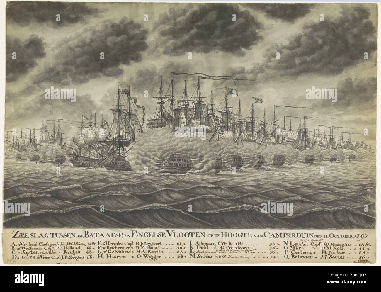 Inizio della battaglia di Camperdown, 11 ottobre 1797 Battaglia tra il britannico e Batavian Vlooten l'altezza Camperduin 11 ottobre 1797 (oggetto del titolo) la battaglia di Camperdown l'11 ottobre, 1797 tra la flotta Bataviana comandata dal vice ammiraglio Jan Willem de Winter e una flotta britannica sotto l'ammiraglio Adam Duncan. Inizio della corsa con le navi delle due flotte circondate da nubi di fumo. Sotto pesante: Cielo nuvoloso. Nella legenda della didascalia UNA Q dei capitani delle navi Batavi e il numero di pezzi. Vedere il telecomando. Produttore : artista: Frans Anton Spijck (proprietà in elenco) Pla Foto Stock
