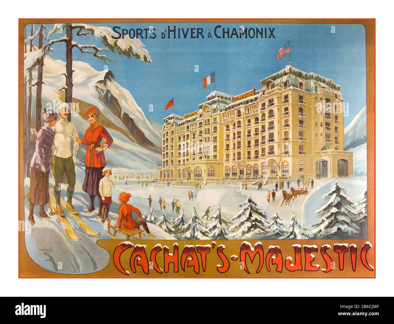 Vintage Travel 1912 Hotel poster per l'inverno ‘sports d'Hiver a Chamonix' Cachat's-Majestic Hotel Chamonix Mont Blanc Francia Aragonese de Faria (1849-1911) Cachats Majestic, Foto Stock