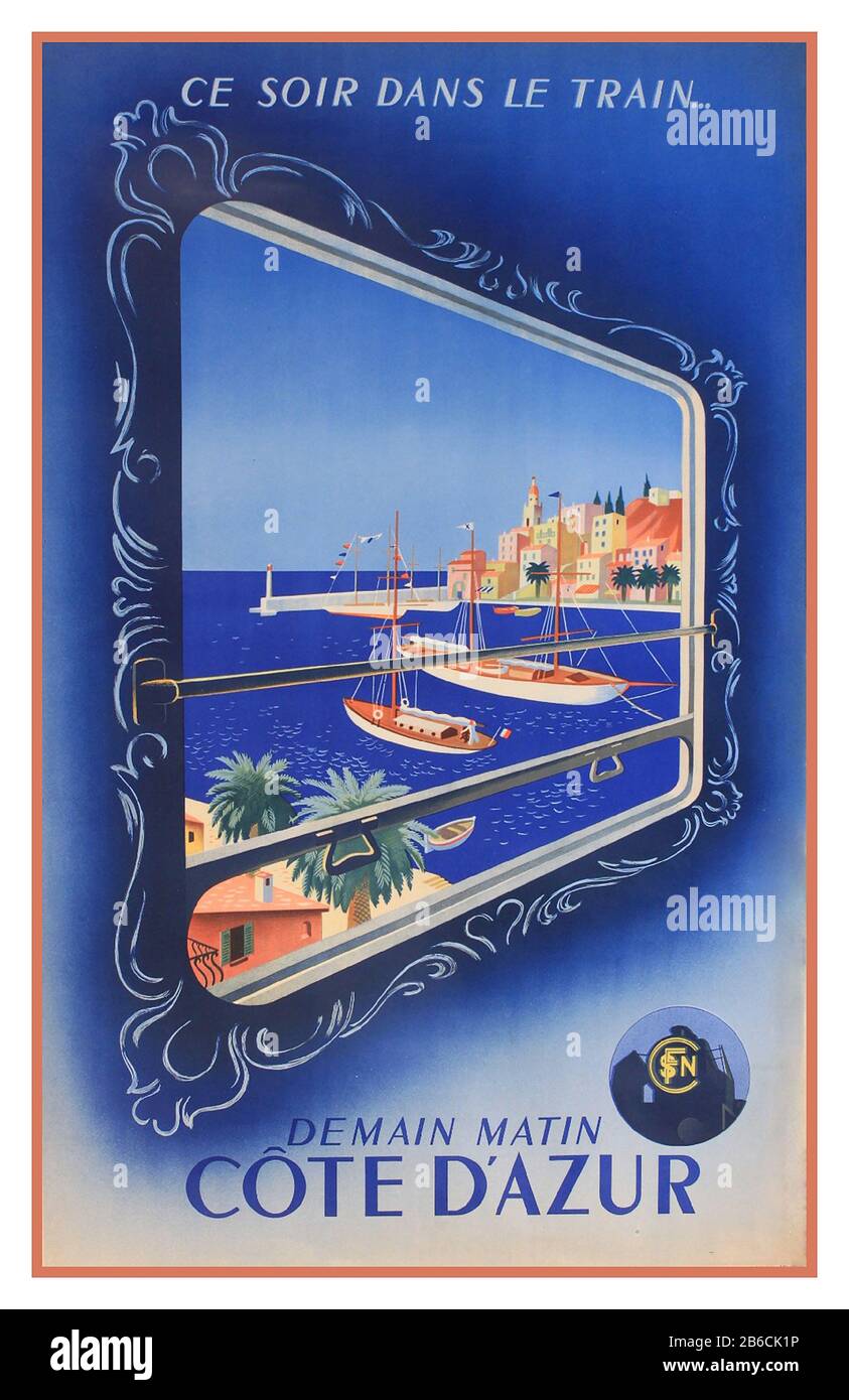 Vintage Travel poster Côte d'Azur ce soir dans le train demain matin poster stampato per SNCF da Martial 1938 artista Roland Hugon Treno Notturno SNCF Rail a Côte d'Azur Francia Foto Stock