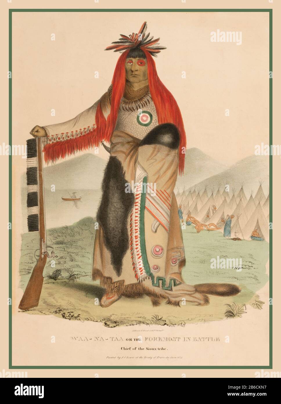 Lithograph vintage 1850s di Waa-na-taa, Most in Battle, Capo del Sioux Tribe dell'artista James otto Lewis, Philadelphia, PA Sitter Waa-na-taa Chief Sioux Tribe Native American Graphic Art Print Illustration Color Lithograph Graphic Ethnic IndianSioux Tribe Foto Stock