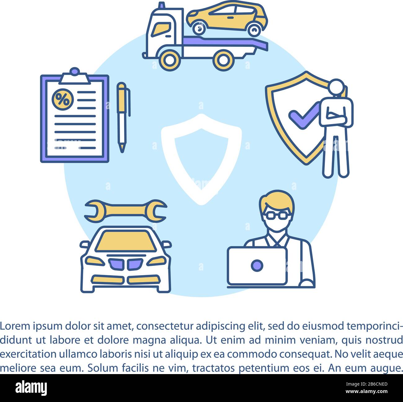 Icona del concetto di contratto di policy con testo. Assicurazione generale per il veicolo. Copertura di riparazione automatica. Modello vettoriale della pagina PPT. Brochure, rivista, opuscolo Illustrazione Vettoriale