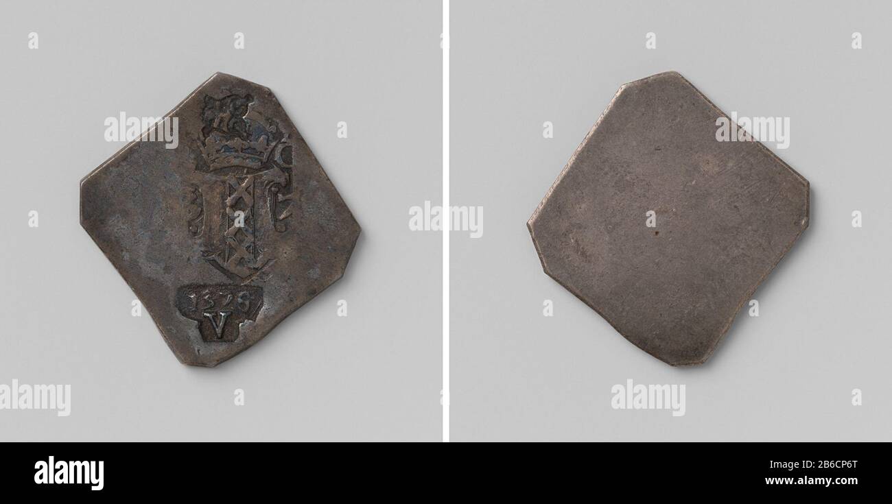Assedio di Amsterdam, valuta di emergenza cinque penny picchiato dall'argento della nuova chiesa eenzijdige, ruitvormige noodmunt ha incontrato afgeschuinde hoeken. Voorzijde: Drie stempels; van onder naar boven: Muntmeesterteken: Vuurstaal, gedeeltelijk geslagen over tweede stempel heen: Stadswapen: Gekroond wapenschild, links nog gedeelte van cijfer 5, rechonts van 7 zichbazbazer al: Krejfen: Jfn, de, kjen: En, kjen: En: En: En, de, de, de, de de, de, de, de, de, de, de, de, de, de, de, de, de, de, de, de, de, de, de, de, de, de Zilver Techniek: Slaan dimensioni: H 3,2 cm. × b 3,1 cm. × g 3,53 gr su Foto Stock