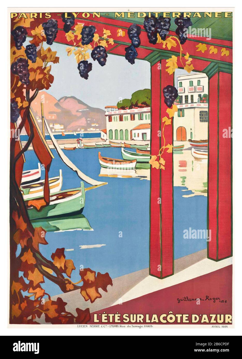 Vintage 1920s Travel Poster France LE ÉTÉ SUR LA CÔTE D'AZUR PLM Travel By French Railways SUMMER ON THE CÔTE D'AZUR litografia a colori, Guillaume G. Roger (1867-1943) 1926, stampato da Lucien Serre & Cie, Parigi, Sud della Francia Foto Stock