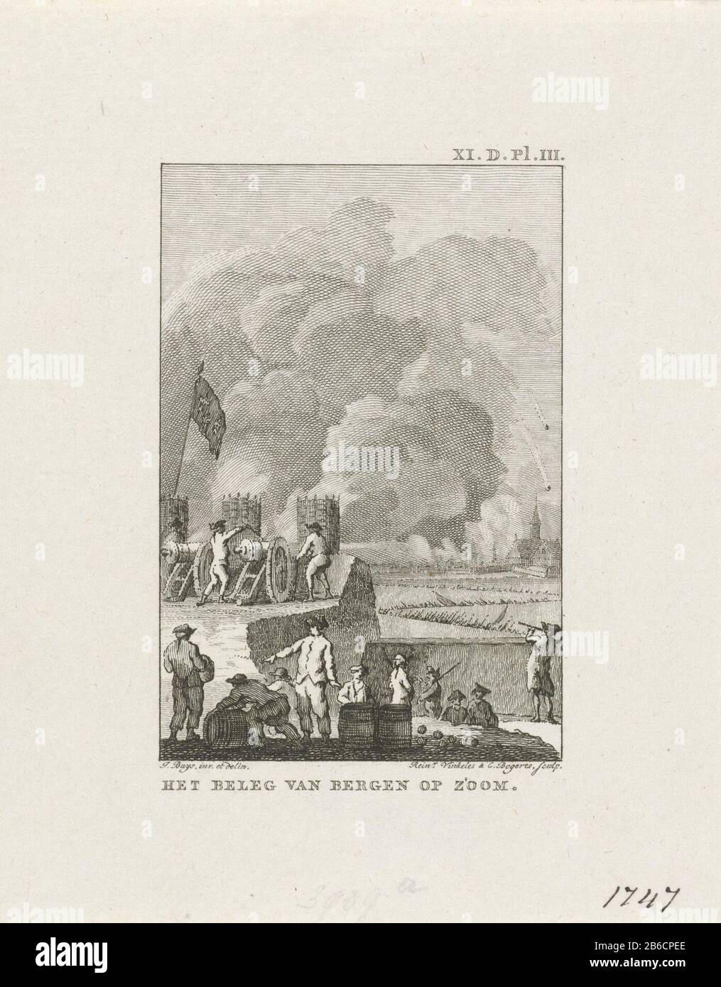 Assedio di Bergen op Zoom, l'assedio di Bergen op Zoom (oggetto del titolo) l'assedio di Bergen op Zoom da parte dei francesi, luglio-settembre 1747. Vista dalle posizioni francesi in lontananza la città che brucia. Firma in alto a destra: XI D. Pl. III. Produttore : stampatore: Reinier Vinkeles (i) (mostrato sull'oggetto) stampatore: Cornelis Bogerts (indicato sull'oggetto) a disegno di: Jacobus Compra (indicato sull'oggetto) Luogo fabbricazione: Nord Paesi Bassi Data: 1780 - 1795 caratteristiche Fisiche: Acquaforte materiale: Tecnica della carta: Dimensioni dell'incisione: Foglio: H 128 mm × W 100 mmToelichtingGebruikt AS il Foto Stock