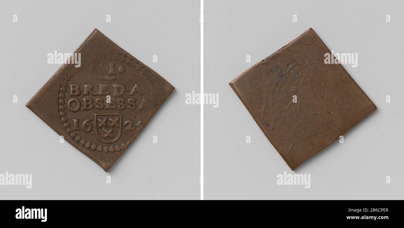 Assedio di Breda da Spinola, moneta di emergenza di due centesimi eenzijdige, ruitvormige noodmunt. Voorzijde: Een stempel in ronde parelrand: Opschrift boven jaartal, onderbroken porta wapenschild. Keerzijde: Blanco fabbricante : anoniemPlats fabbricazione: Breda datazione: Jan-1625 - mar-1625 kenmerken Fisico: Koper Materiale: Koper Techniek: Slaan dimensioni: H 2,4 cm. × b 2,5 cm. × g 3,6 gr Oggetto: Tachtigjarige OorlogInname van Breda (1625)Wanneer: 1624-07 - 1625-07-05 Foto Stock