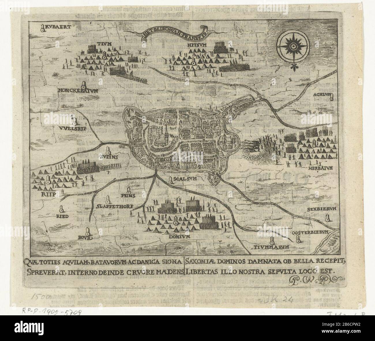 Assedio di Franeker, 1500 Il belek di Franeker (oggetto del titolo) Mappa dell'assedio della Sassonia Franeker occupato da 16.000 Frisoni guidò nobili Frisoni Avlya, Borga e altri, dal 12 al 16 luglio 1500. Carta con la localizzazione delle forze Frisone e i nomi latini dei villaggi circostanti. Con firma di due righe in latino. Testo olandese su achterzijde. Produttore : stampatore Pieter Feddes Harlingen (attribuito a) autore: Pier Winsemius (proprietà quotata) Luogo di produzione: Northern Netherlands Data: 1620 - 1622 caratteristiche Fisiche: Materiale di incisione: Tecnica della carta: Incisione dimensioni: Piastra edg Foto Stock Assedio di Franeker, 1500 Il belek di Franeker (oggetto del titolo) Mappa dell'assedio della Sassonia Franeker occupato da 16.000 Frisoni guidò nobili Frisoni Avlya, Borga e altri, dal 12 al 16 luglio 1500. Carta con la localizzazione delle forze Frisone e i nomi latini dei villaggi circostanti. Con firma di due righe in latino. Testo olandese su achterzijde. Produttore : stampatore Pieter Feddes Harlingen (attribuito a) autore: Pier Winsemius (proprietà quotata) Luogo di produzione: Northern Netherlands Data: 1620 - 1622 caratteristiche Fisiche: Materiale di incisione: Tecnica della carta: Incisione dimensioni: Piastra edg Foto Stock