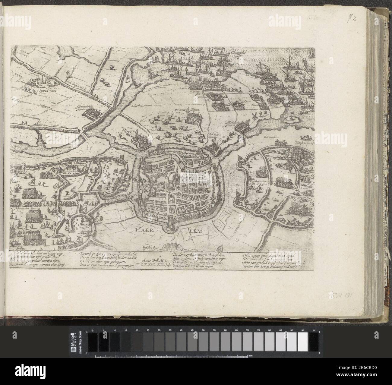 Assedio di Haarlem, 1572 Serie 6 Eventi olandesi, 1571-1576 (titolo della serie) Kaart van de stad Haarlem en het omringend gebied met de legerplaatsen van de belegerende Spaanse troepen van Don Frederik. Boven schepen van Alva en de prins van Oranje op het water van het Haarlemmermeer. Het beleg aan op 11 dicembre 1572. Incontrò onderschrift van 16 regels in het Duits. Linksonder genummerd: 85. De prent maakt deel uit van een album. Produttore : produttore : Frans HogenbergPlats fabbricante: Keulen Dating: 1574 - ca. 1578 Physical kenmerken: ETS Materiale: Papier Techniek: Etsen dimensioni: Plaatand: H 2 Foto Stock