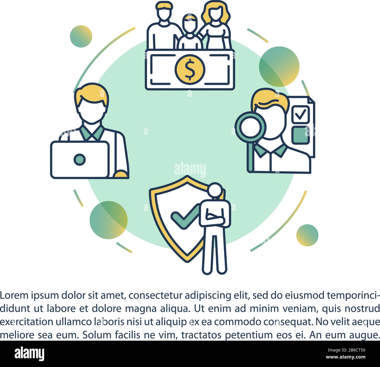 Icona concetto piano assicurativo con testo. Verifica e approvazione. Piano di sostegno alla famiglia. Modello vettoriale della pagina PPT. Brochure, riviste, design di opuscoli Illustrazione Vettoriale