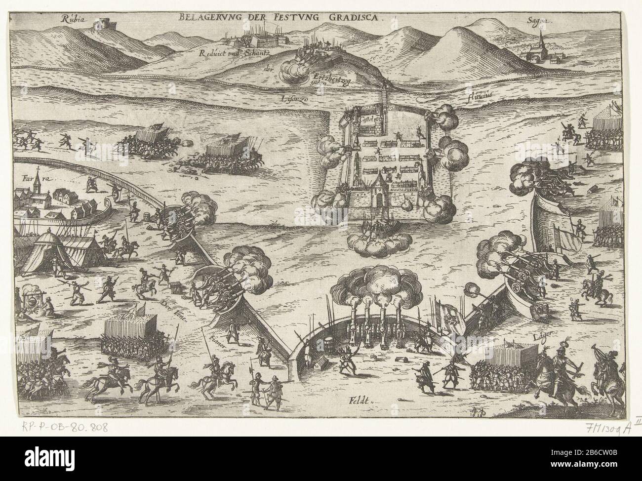 Documento van de vesting Gradisca, 1616 assedio della fortezza di Gradisca (titel op Object) Assedio della fortezza Gradisca, sul fiume Livenzo su Venezia, le truppe sotto Johan Ernst i, conte di Nassau-Siegen, 1616. Produttore : stampatore: Georg Keller Luogo fabbricazione: Germania Data: 1616 caratteristiche Fisiche: Materiale di incisione: Tecnica di incisione: Dimensioni di incisione: Foglio: H 191 mm × W 285 mm Soggetto : assedio, quando guerra del 1616 - 1616 Foto Stock
