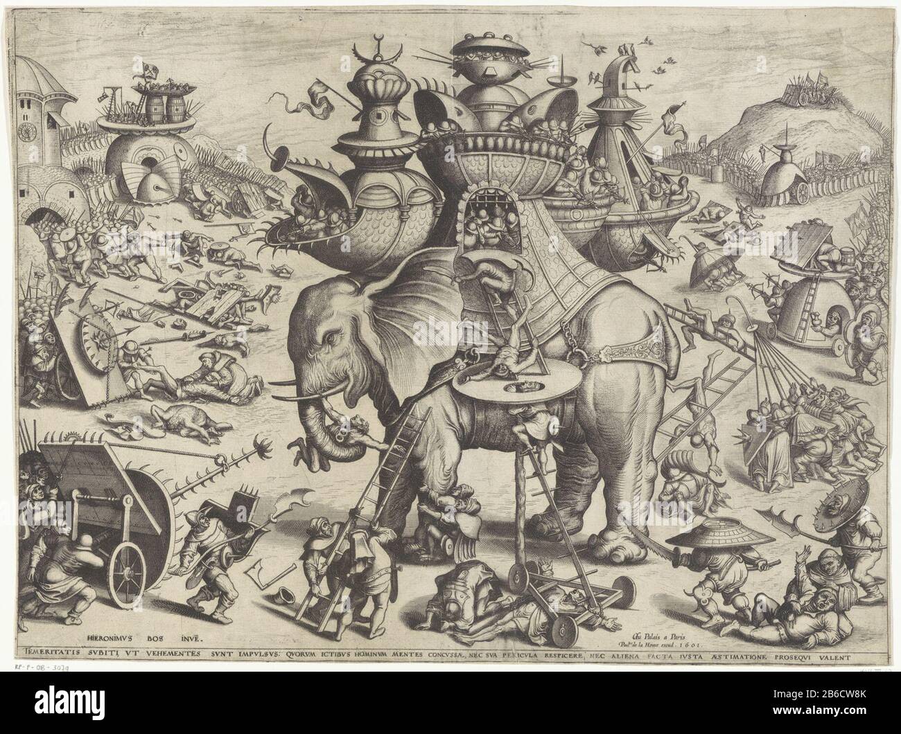 L'Elefante d'assedio al centro è un elefante con un castello sulla schiena, un simbolo di potere. Egli è attaccato da tutte le parti da soldati. I soldati che portano bandiere e scudi recanti vari simboli imbarcazioni, come reti da pesca e un'ascia. Simboleggiano la borghesia che attacca il governo centrale. Sulla torre sinistra del castello si trova una mezzaluna, simbolo di incredulità. Tra le prestazioni in una riga di testo margine in latino Dove: Legge nella traduzione: 'Gli impulsi di imprudenza sono così repentini come veemently, ha portato la mente umana fuori equilibrio dal loro pungiglione, e non è più in grado di heeding Foto Stock