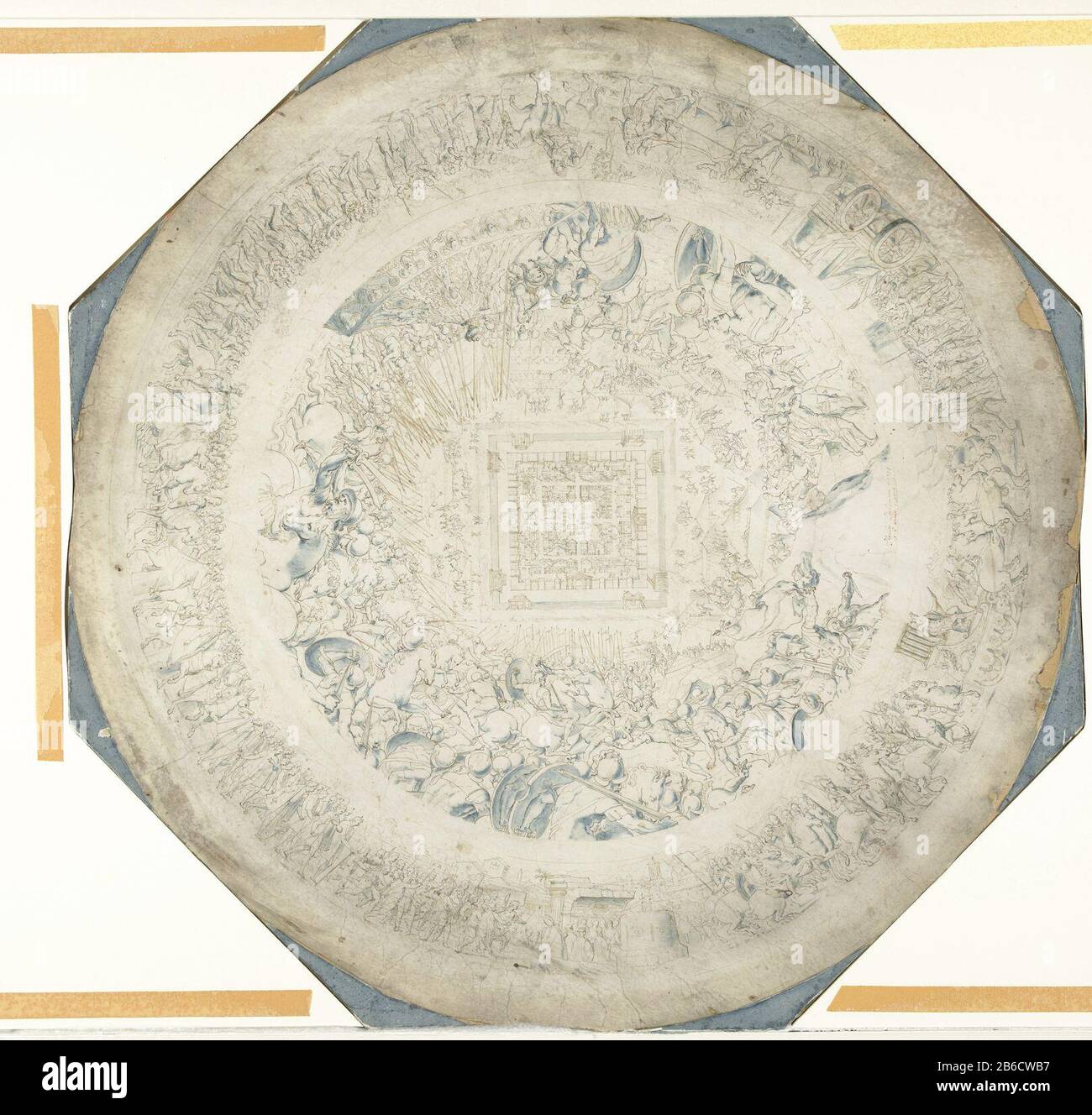 L'assedio di una fortezza al centro è una fortezza a forma di piazza che è sotto assedio. Intorno alle pareti sono pesanti combattimenti da guerrieri dotati convenzionalmente. Che trionfo sul bordo: A destra ha portato un orologio su un carrello. In alto a destra corre un prigioniero di gruppo di guerra nella parata, che ulteriormente consiste di piloti, e un tirato da quattro cavalli carro che in classico uniforme figura è inserito. In basso a sinistra figure vestite nella moda del 16th secolo e due cavalieri di carri dietro indossando moderna armatura. Il disegno è probabilmente la bozza pronkschild. Produttore : artista: Theodor Loock Mans Place MAN Foto Stock