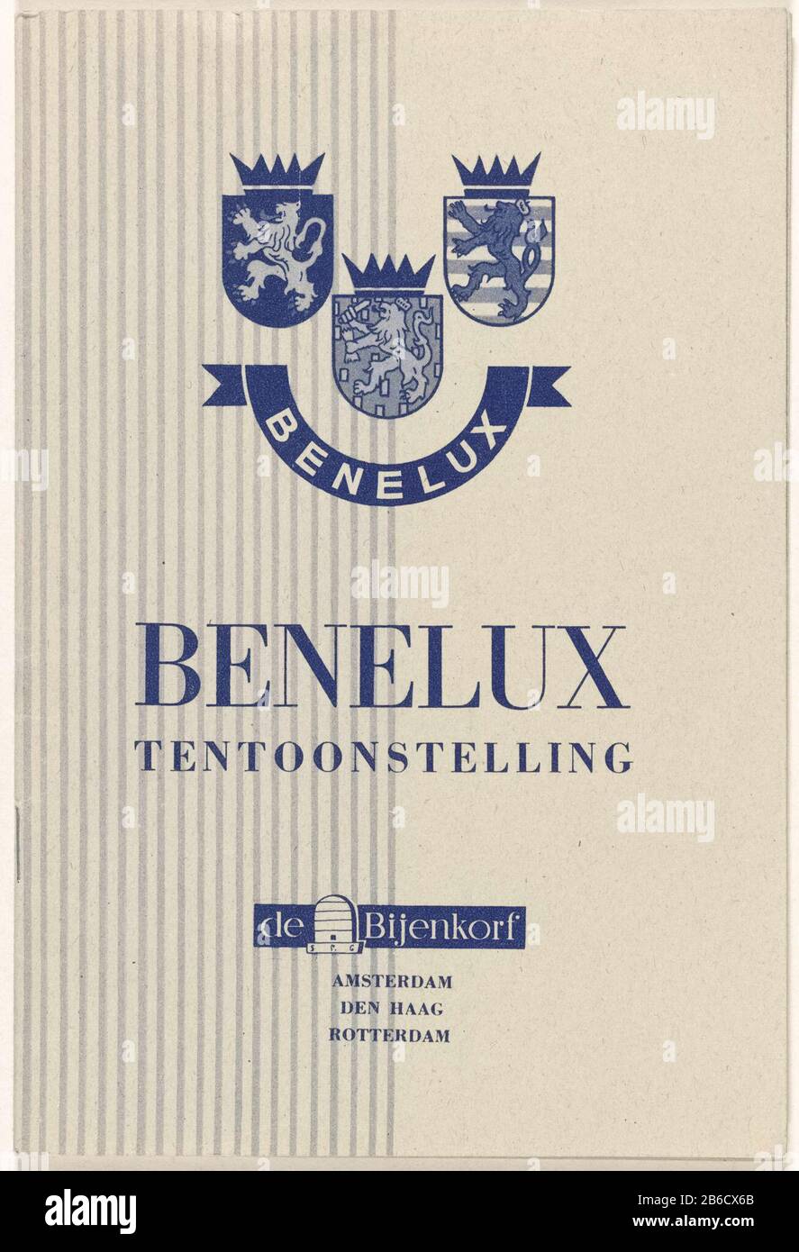 Beneluxtentoonstelling Brochure, 12 PP numerato in blu-grigio copertina, stampato in blu, con illustrazioni e opuscolo "manuale della Mostra Benelux al Beehive. Manufacture Vervaardiger: Publisher: The Beehive Place manufacture: Amsterdam Date: CA. 1948 Materiale: Carta Tecnica: Stampa / NO dimensioni: H 19 cm. B × 12,8 cm. Oggetto Quando: 1948 - 1948wie Benelux Foto Stock