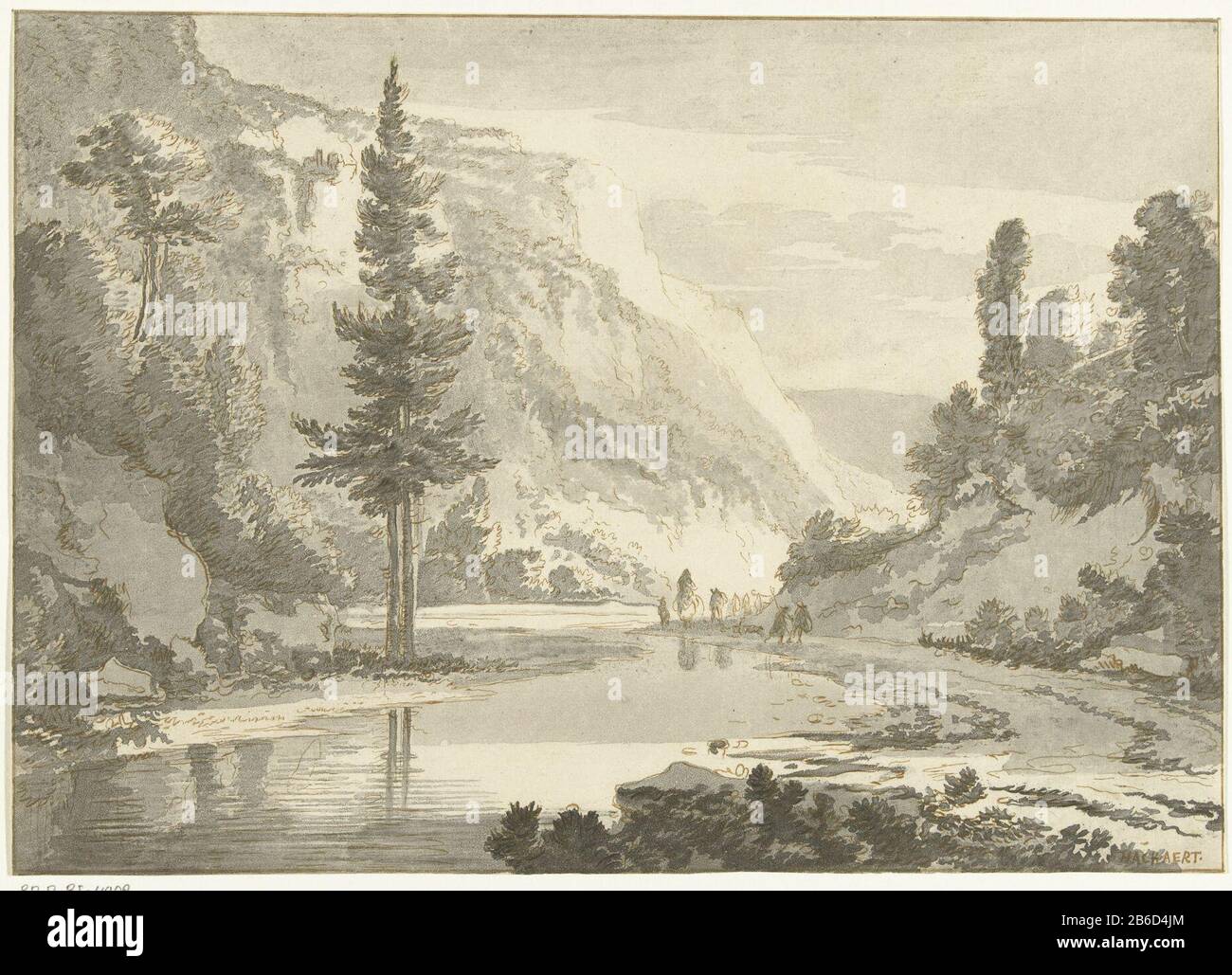 Paesaggio Montano Con Pastori Su Una Riva Di Fiume Paesaggio Montano Con Pastori Su Un Lungofiume
