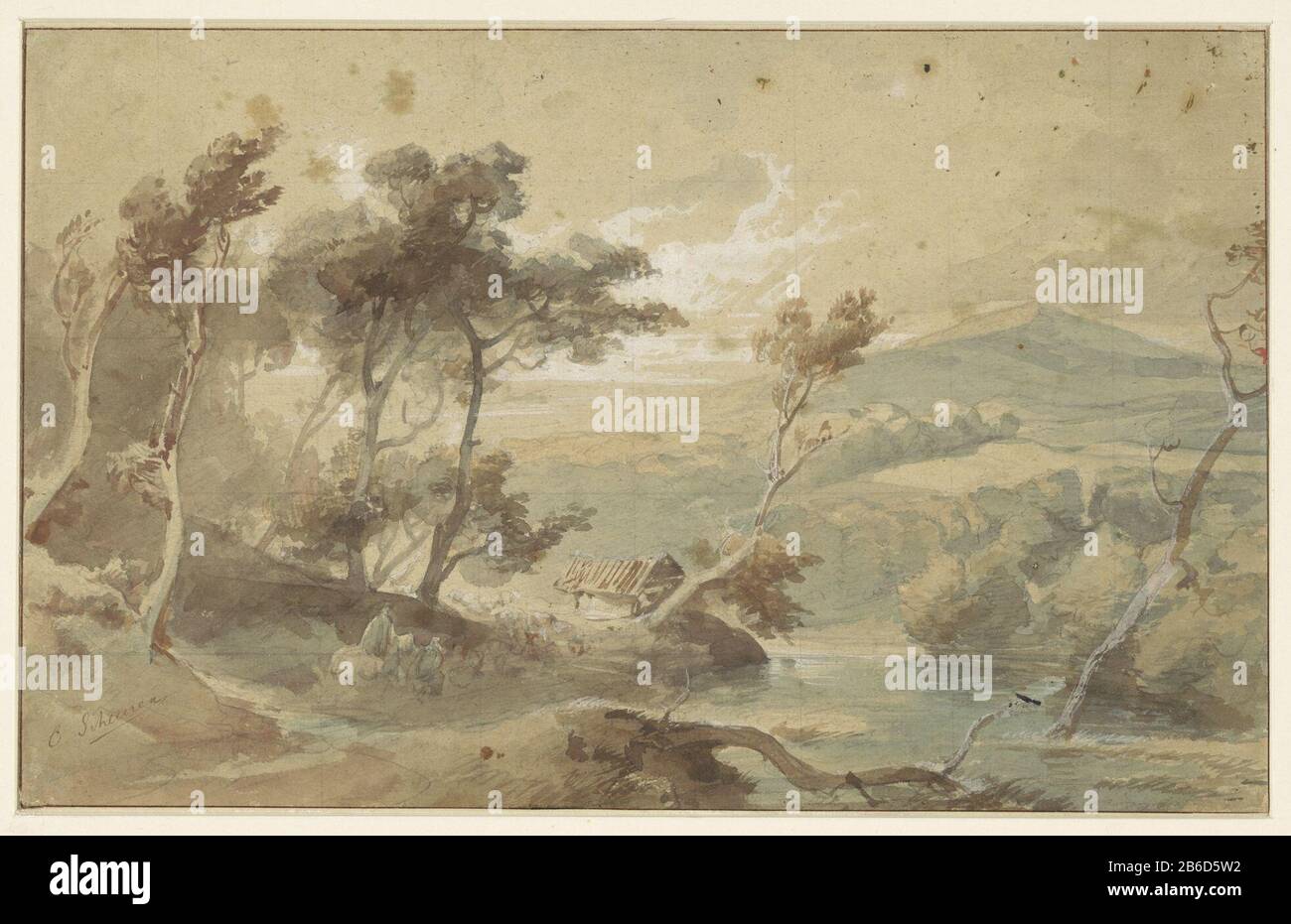 Paesaggio montano con il fiume paesaggio montano con il fiume tipo di oggetto: Disegno numero Oggetto: RP-T 1949-514 Produttore : artista: Caspar Johann Nepomuk Scheuren Datato: 1820 - 1887 caratteristiche Fisiche: Mettere su finestre a matita, pennello colore materiale: Carta matita Tecnica: Dimensione pennello: H 201 mm × W 320 mm Foto Stock