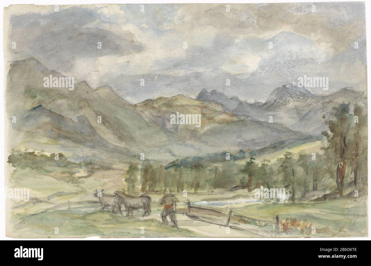 Paesaggio montano con Pastore e due mucche Paesaggio montano con Pastore e due mucche tipo di oggetto: Disegno acquerello numero articolo: RP-T 1979-302 Produttore : artista Joseph Israel Appuntamenti: 1834 - 1911 caratteristiche Fisiche: Matita, pennello a colori in acquerello materiali: Carta matita acquerello tecnica: Dimensione pennello : H 167 mm × L 257 mm Oggetto: Montagna Foto Stock