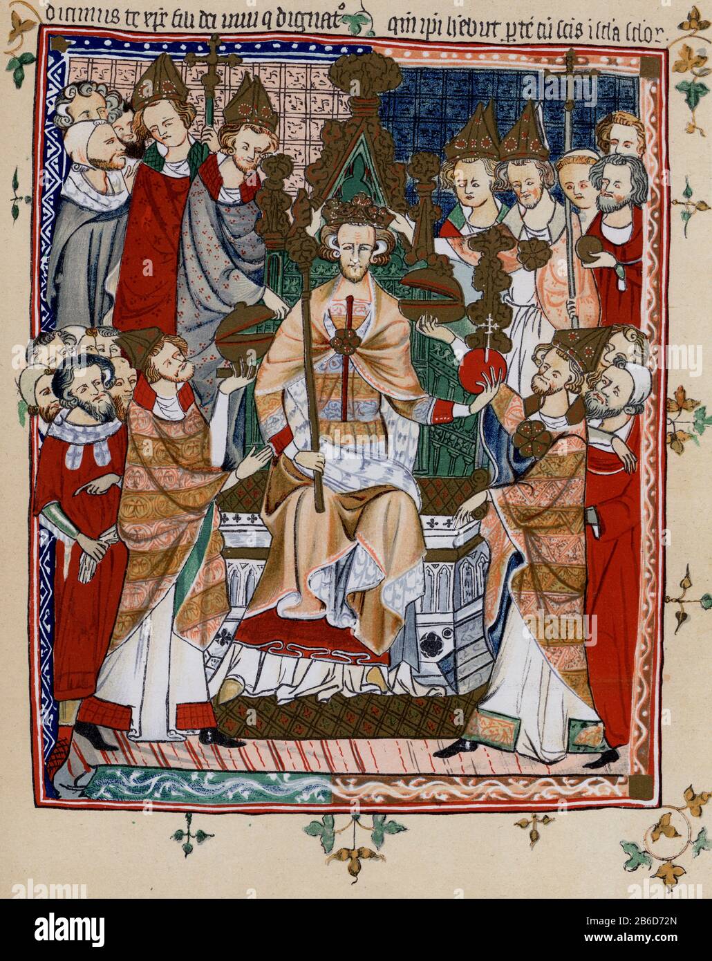 L'incoronazione del re Edoardo III, manoscritto dei primi anni del 14th. Edoardo III (1312-1377), Re d'Inghilterra e Signore d'Irlanda dal gennaio 1327 fino alla sua morte. Era il settimo re della Casa di Plantagenet. L'incoronazione di Edward ebbe luogo presso l'abbazia di Westminster il 1st febbraio 1327 all'età di 14 anni. Foto Stock