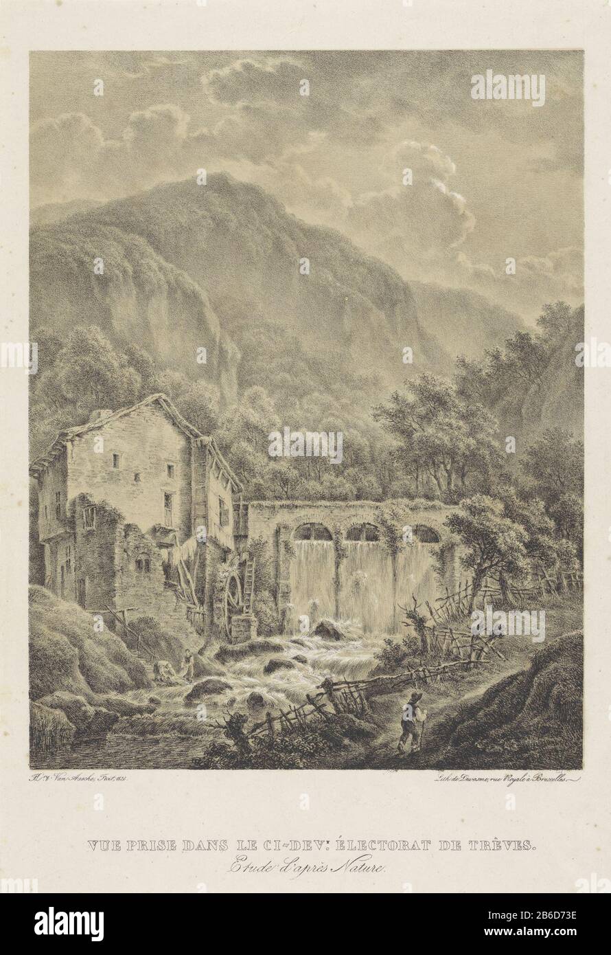 In un paesaggio montuoso vicino a Treviri è un mulino ad acqua. Giù dal fiume due figure fanno la lavanderia. Sulla riva destra corre un vagabondare. Produttore : stampatore Henri van Assche (edificio elencato) stampante: Dewasme (proprietà elencata) Luogo di fabbricazione: Bruxelles Data: 1826 caratteristiche Fisiche: Litografia a toni materiale: Tecnica della carta: Litografia a toni dimensioni: Foglio: H 405 mm × W 280 mm Oggetto: Mulino ad acqua in paesaggio'en route, viaggiatori in corso Foto Stock