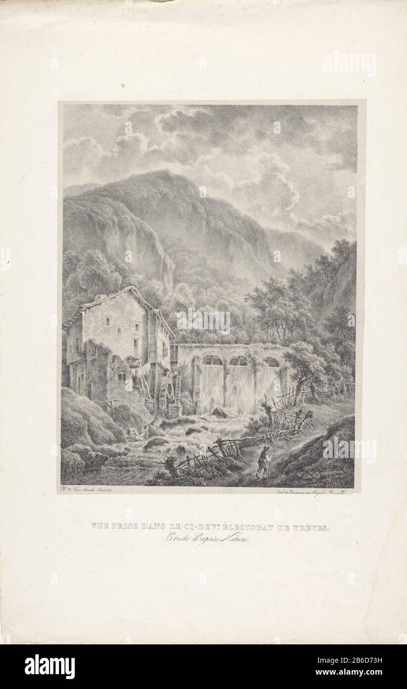 In un paesaggio montuoso sorge un mulino ad acqua. Giù dal fiume due figure fanno la lavanderia. Sulla riva destra corre un vagabondare. Produttore : stampatore Henri van Assche (edificio elencato) stampante: Dewasme (proprietà elencata) Luogo di produzione: Bruxelles Data: 1826 caratteristiche Fisiche: Litografia su chine collé Materiale: Chine collé di carta Tecnica: Litografia (tecnica) dimensioni : foglio: H 550 mm × W 355 mm Oggetto: Mulino ad acqua in paesaggio'en route, viaggiatori in corso Foto Stock