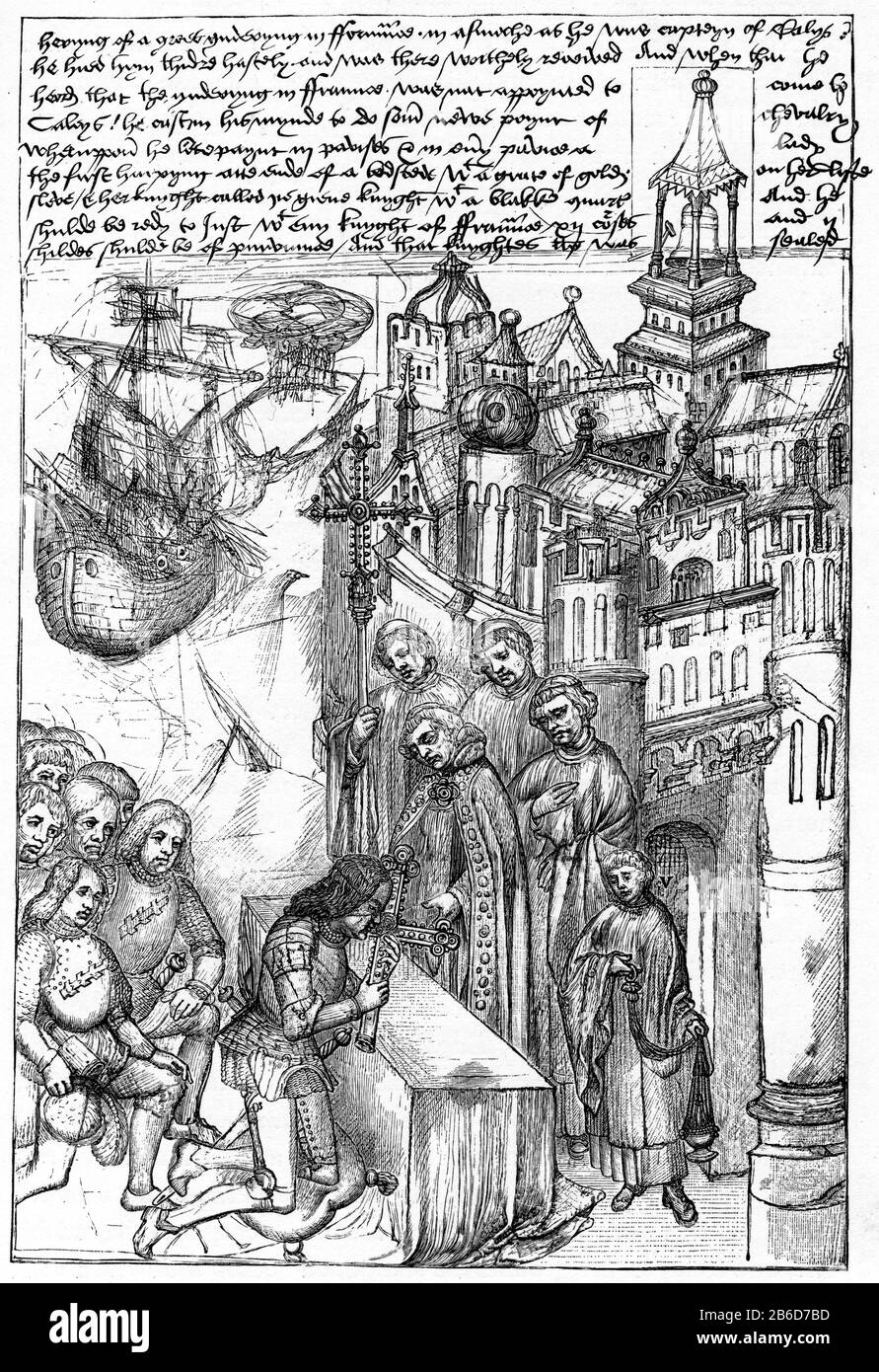 Accoglienza di Richard Beauchamp, conte di Warwick, ricevuto come capitano di Calais per Enrico V, c1485. Nel 1414 Beauchamp contribuì a porre fine alla rivolta di Lollard, e poi andò in Normandia come capitano di Calais, e rappresentò l'Inghilterra all'incoronazione di Sigismondo come re di Germania e il Consiglio di Costanza. Dal Beauchamp Pageants c1485. SIG.RA Cott. E.. E.. Foto Stock