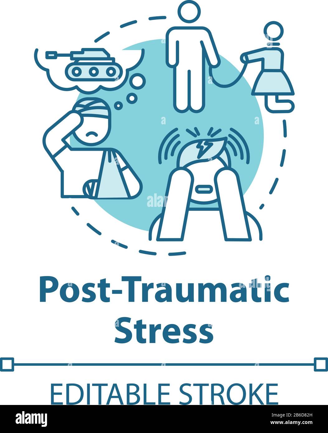 Icona del concetto di stress post traumatico. PTSD. Ricordi spaventosi. Malattia mentale. Psicologia, idea psichiatria sottile linea illustrazione. Vettore isolato Illustrazione Vettoriale