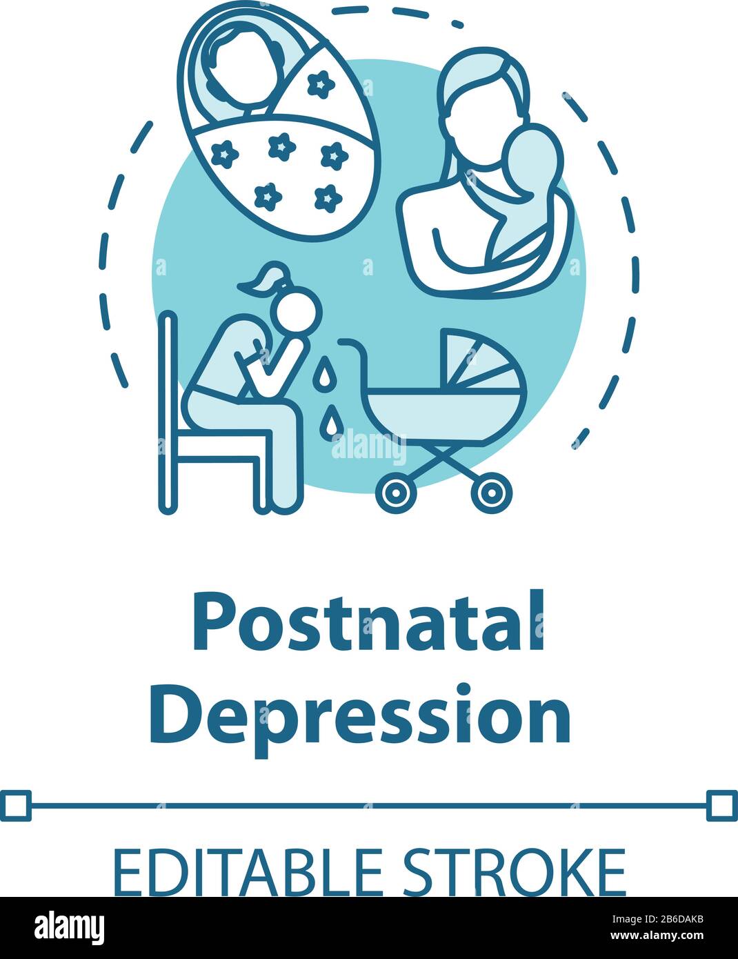 Icona del concetto di depressione postnatale. Depressione post-partum. PPD. Giovane madre stressata. Illustrazione della linea sottile dell'idea di disturbo dell'umore. Vettore isolato Illustrazione Vettoriale