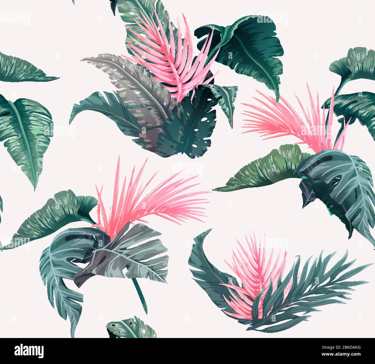 Luminoso motivo tropicale senza cuciture con piante della giungla. Sfondo esotico con foglie di palma. Vettore Illustrazione Vettoriale