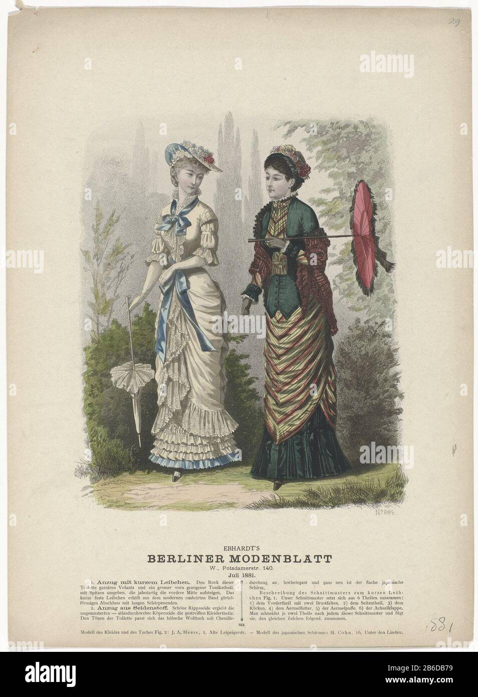 664 1 vestito con cortice corto () Twee dames in wandelkostuum, incontrò il japanse del paraplu. Prent uit het Berlin-mode foglio modetijdschrift (1879-1881) . Produttore : Pentmaker: Anoniem dating: Kenmerken 1881 Fisico: Gravure, met de hand ingekleurd Materiale: Paper Techniek: Kleuren dimensioni graveren (drukprocedé) / met de hand: Blad: H × 372 mm b 272 mm Oggetto: Abito, abito (+ abiti da donna) head-gear: ha (+ abbigliamento donna) ombrellone, ombrellone (+ abbigliamento donna) bordo piatto moda, nastro, treccia (+ abbigliamento donna) guanti, guanti, ecc. (+ abbigliamento donna Foto Stock