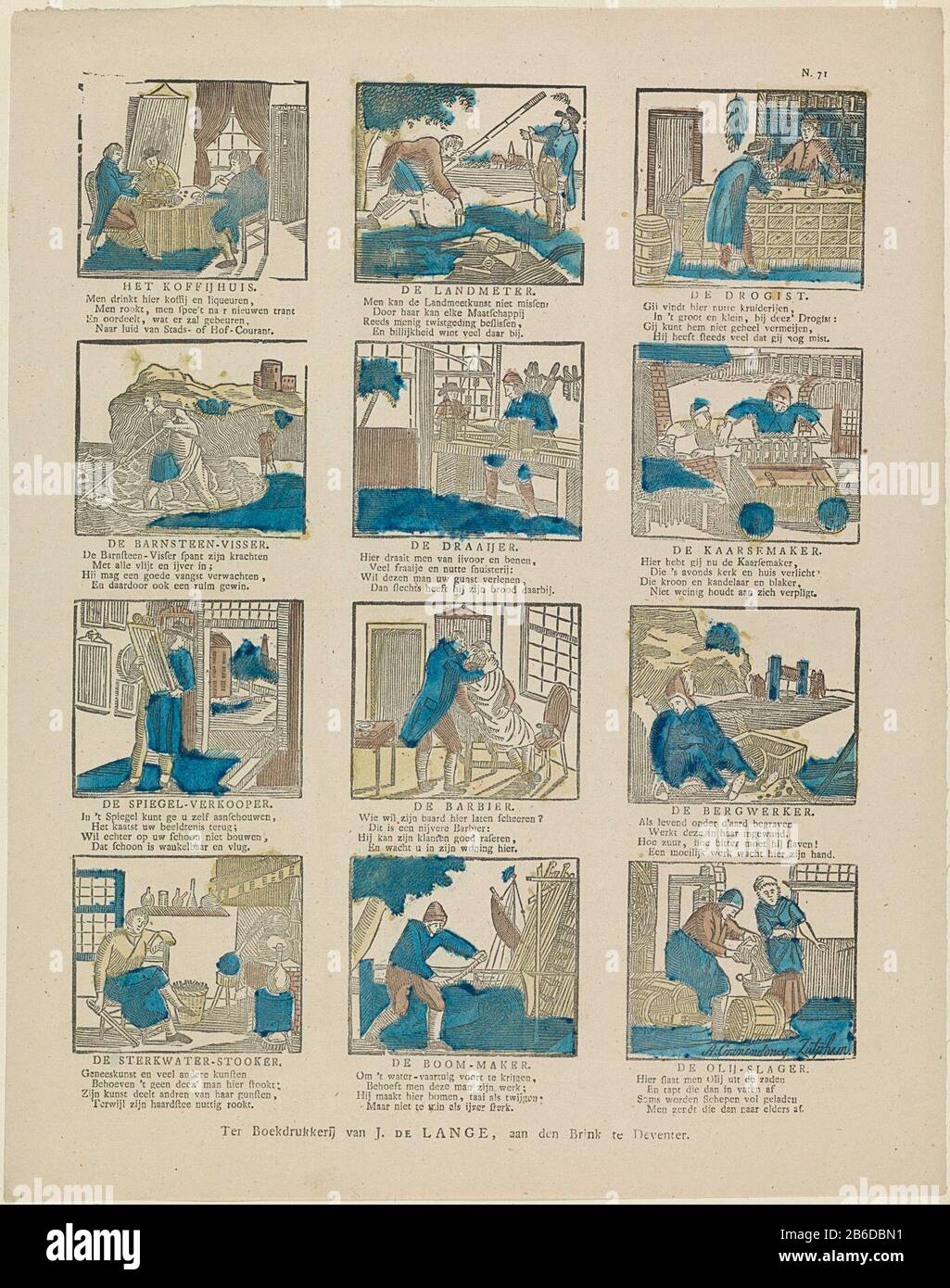 Professioni e mestieri Blad incontrato 12 voorstellingen van ambachtslieden en beroepen, zoals drogist, kaarsenmaker en kapper. Onder elke voorstelling een titel en een vierregelig vers. Genummerd rechtsboven: 71. Produttore : uitgever: Jan de Lange (II) (vermeld op object)prentmaker: AnoniemPlats manufacturing: Uitgever: Deventerprentmaker: Nederland Dating: 1822 - 1849 Physical kenmerken: Houtsnede gekleurd in blauw, geel en en brukst in boekdruk Materiale: Techniek: × 328 mm handwerk en nijverheidcraft-produzione, sk Foto Stock