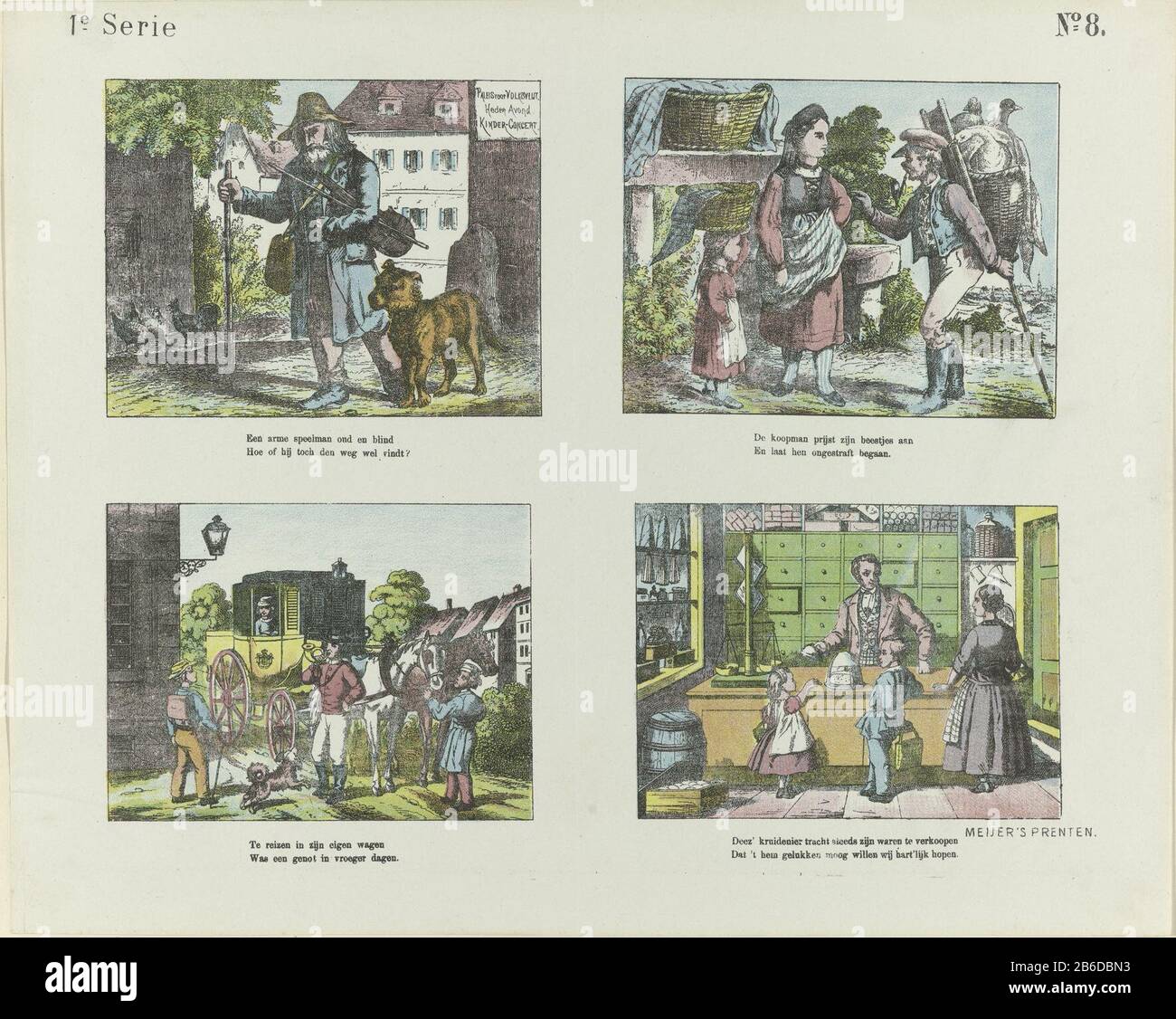 Professioni le stampe di Meijer (oggetto del titolo della serie) Leaf con quattro spettacoli di occupazioni , Dove: Tra musicisti, mercanti, diligence (carro) conducente e drogheria. Sotto ogni immagine un verso a due linee. Numerato in alto a destra: N. 8. Produttore : Editore: De Ruyter & Meijer Stampa autore: Anonimo luogo fabbricazione: Amsterdam Data: 1873 caratteristiche Fisiche: Litografia a colori in giallo, verde, rosso e blu; materiale per la stampa di testo: Tecnica della carta: Litografia a colori (processo) / formati di stampa: Foglio: H 340 mm × W 426 mm Oggetto: artigianato e commerciante industriale, commesso musicista strada Foto Stock