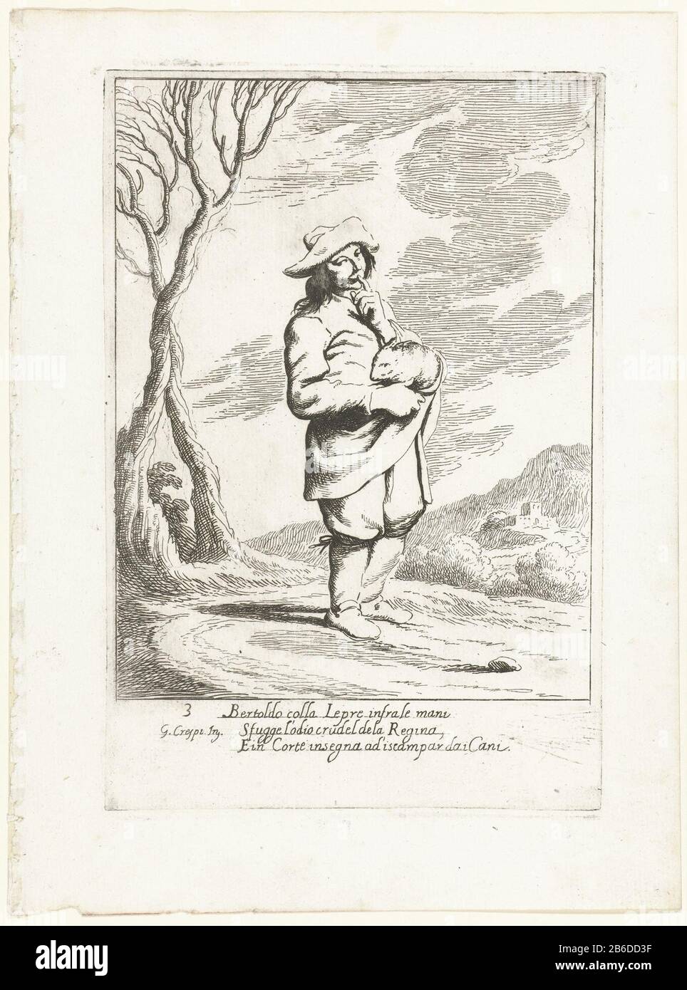 Bertoldo con una lepre Storia di Bertoldo, Bertoldino e Cacasenno (titolo della serie) Bertoldo porta un lepre nella sua giacca, il suo indice dito sulle labbra. Tra gli show una rima a tre linee in italiano. Stampa una serie di sei con le avventure di Bertoldo, parte di una serie di venti prenten. Produttore : stampatore Giuseppe Maria Crespiprentmaker: Lodovico Mattiolinaar design: Giuseppe Maria Crespi (proprietà in elenco) Luogo produzione: Italia Data: 1710 - 1715 caratteristiche Fisiche : materiale di incisione: Tecnica di incisione: Dimensioni di incisione: H 226 mm × W 151 mmToelichtingDe series è stato utilizzato Foto Stock
