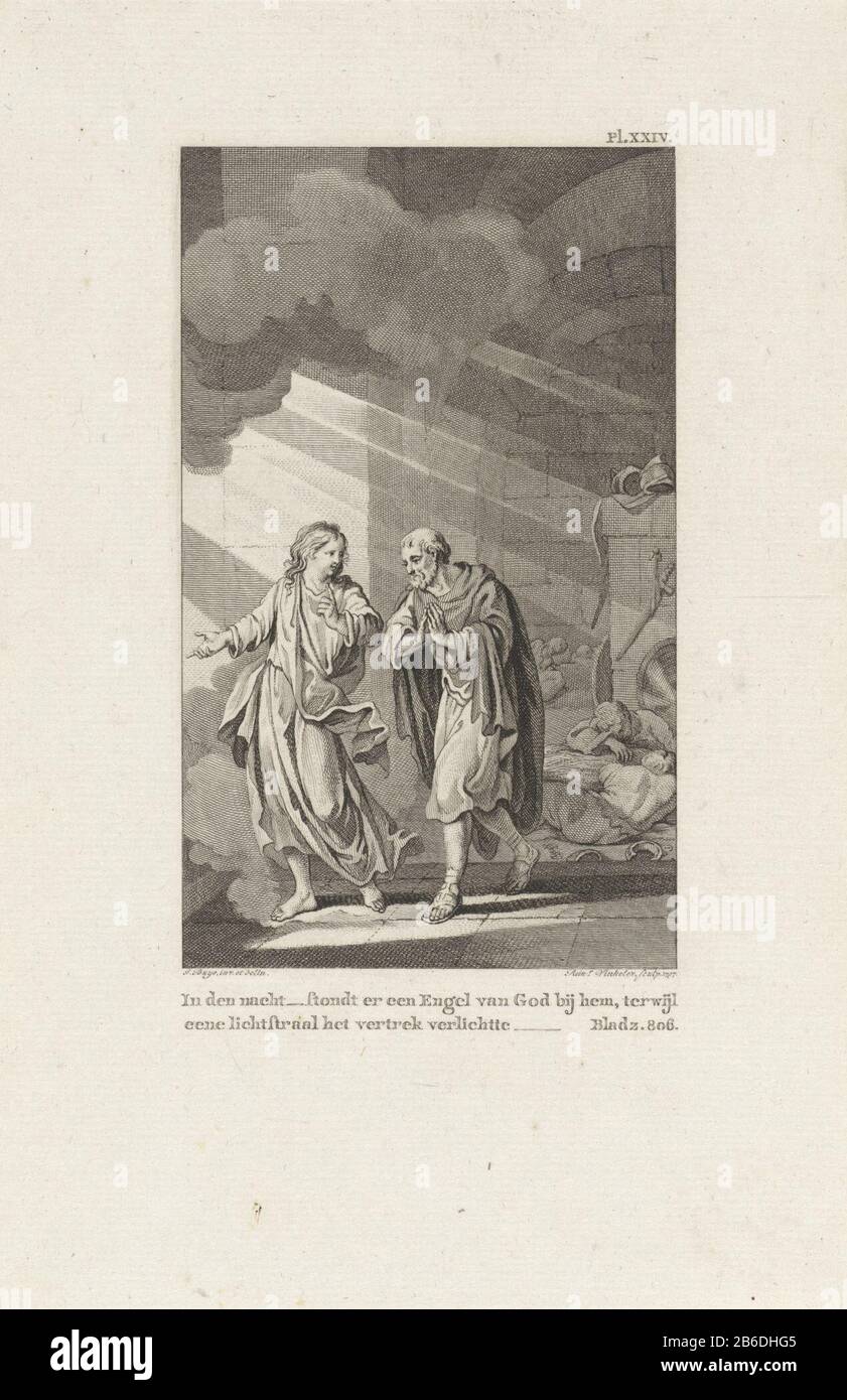Liberazione di Pietro da prigione Aloof nella notte un angelo di Dio in lui, mentre un raggio di luce illuminato la stanza (oggetto del titolo) Un angelo Petrus conduce lungo l'attesa dormiente fuori dalla prigione. Nella storia della Bibbia in atti. 12: 9-10. Produttore : stampatore: Reinier Vinkeles (i) (mostrato sull'oggetto) a disegno di: Jacobus Acquista (indicato sull'oggetto) Luogo di produzione: Amsterdam Data: 1797 caratteristiche Fisiche: Acquaforte e engra materiale: Carta Tecnica: Acquaforte / engra ( processo di stampa) dimensioni: Foglio: H 236 mm × W 150 mm Oggetto: L'angelo Pietro conduce oltre la prigione della guardia addormentata, j Foto Stock