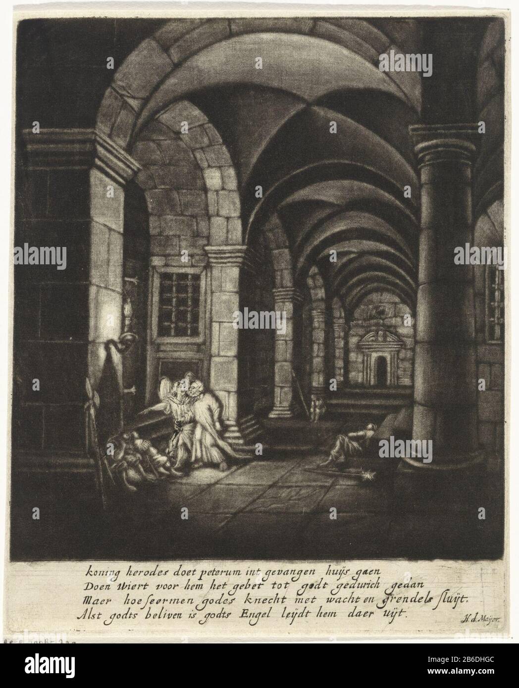 Liberazione di Pietro dalla prigione Un angelo Pietro conduce oltre le guardie dormienti dalla prigione. Nella storia biblica in atti. 12: 9-10. Produttore : stampatore: Harmen The Mayer (indicato sull'oggetto) da stampare da: Pieter NollePlaats fabbricante: Amsterdam Data: 1651 - 1701 caratteristiche Fisiche: Mezzotinta ed engra materiale: Carta Tecnica: Mezzotinta / engra (processo di stampa) Misure: Bordo della lastra: H 226 mm × W 181 mm Oggetto: L'angelo Pietro conduce oltre la prigione della guardia addormentata, prigione Foto Stock