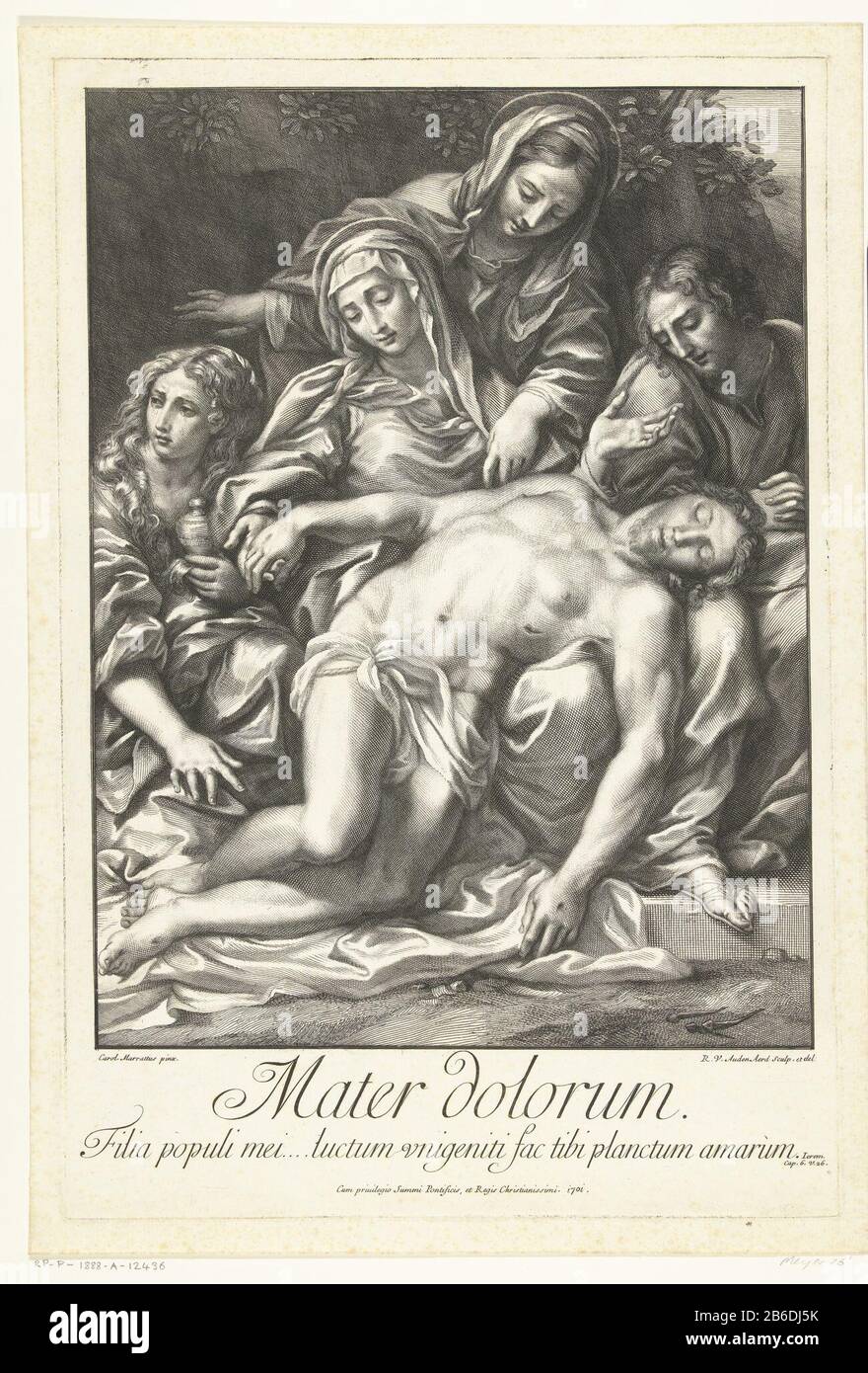 Bewening of Christ Mater dolorum (oggetto del titolo) il corpo di Cristo è nel grembo di Maria. Maria, altre due donne, di cui una con un nimbus, e un uomo che piange Cristo. Nel margine inferiore un versetto latino della Bibbia, Geremia 6 26. Produttore : stampatore: Robert Audenaerd (proprietà in elenco) da disegnare: Robert Audenaerd (proprietà in elenco) da dipingere di Carlo Maratti (edificio in elenco) fabbricazione del luogo: Roma Data: 1701 caratteristiche Fisiche: Engra e materiale di incisione: Tecnica della carta: Engra (processo di stampa) / dimensioni di incisione: Bordo della lastra: H 453 mm × W 304 mm Oggetto: Il lutto sul Chri morto Foto Stock