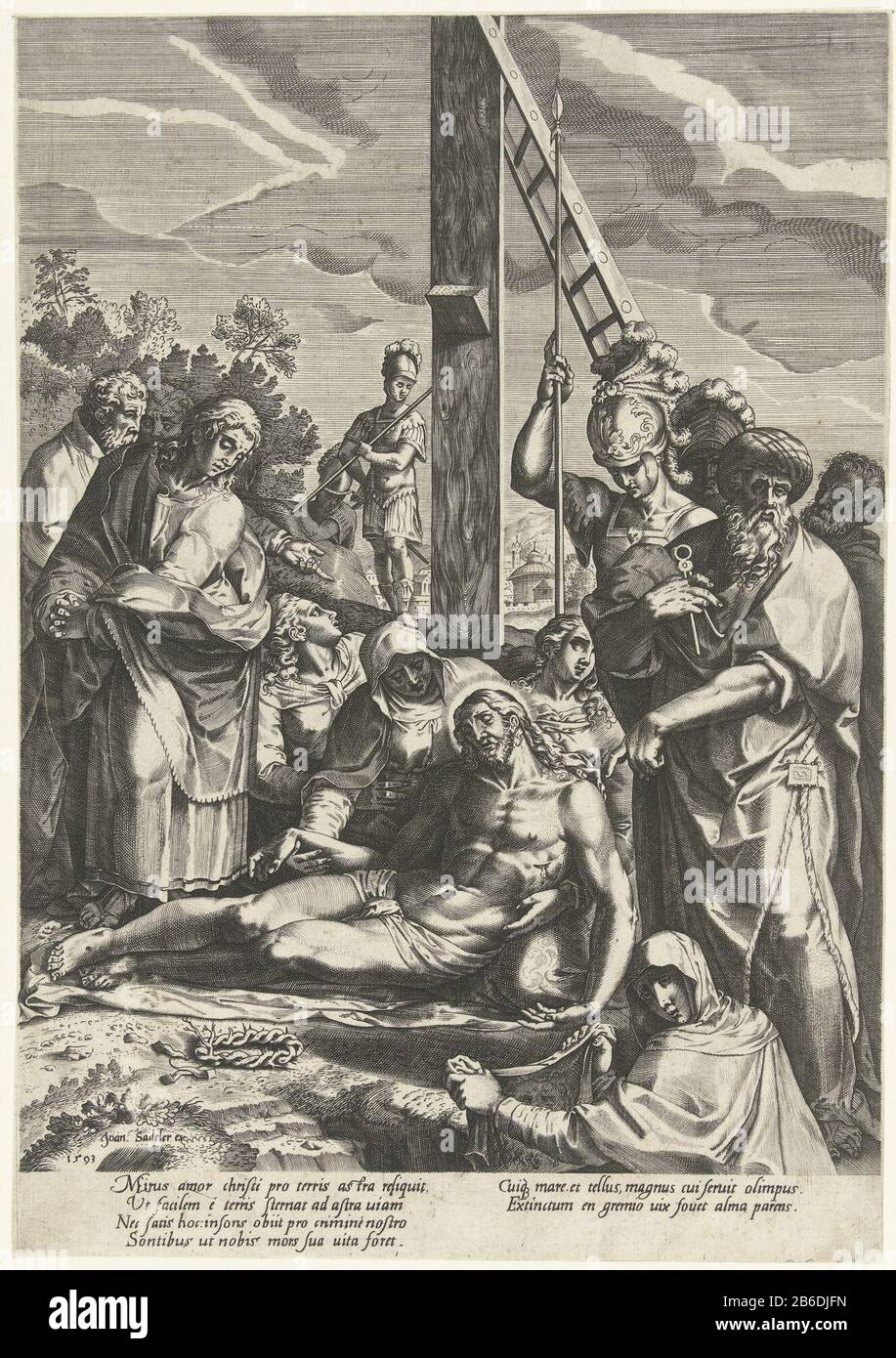 Bewening of Christ to the cross Lamentation of Christ under the cross object type: Picture Item number: RP-P-OB-7140Catalogusreferentie: New Hollstein Dutch 67-68-copy b Iscrizioni / marchi: Indirizzo, in basso a sinistra: 'Incise' Joan. Sadeler ex.datum, in basso a sinistra, inscritto '1593'onderschrift al centro del margine inferiore, inciso 'Mirus Christi amor ... FOVET alma Parens', 4 linee a sinistra, due linee a destra Descrizione: Cristo ai piedi della croce, sostenuto da Maria. Accanto a lei è Giovanni. Sul primo piano sinistro Veronica con il panno nelle mani. Dietro di lei, Giuseppe di Arimathea e soldaten. M Foto Stock