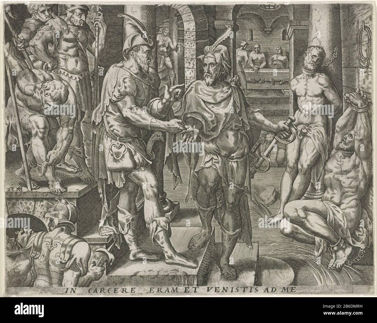 Visita dei prigionieri opere della Misericordia (titolo della serie) Due uomini visitano i prigionieri. A sinistra sulle scale un visitatore stooped e un soldato. A destra due prigionieri incatenati al muro sullo sfondo altri prigionieri. In basso una riga di testo in latino nel margine. Stampa da una serie sulle opere di barhartigheid. Produttore : stampatore: Pieter Nagel (indicato sull'oggetto) a disegno di: Gerard van Groeningen Luogo fabbricazione: Antwerpen Datato: Caratteristiche in o per 1571 Fisico: Engra materiale: Carta Tecnica: Engra (processo di stampa) dimensioni: Bordo della lastra : h 198 mm × W 250 mm Oggetto: Visitin Foto Stock