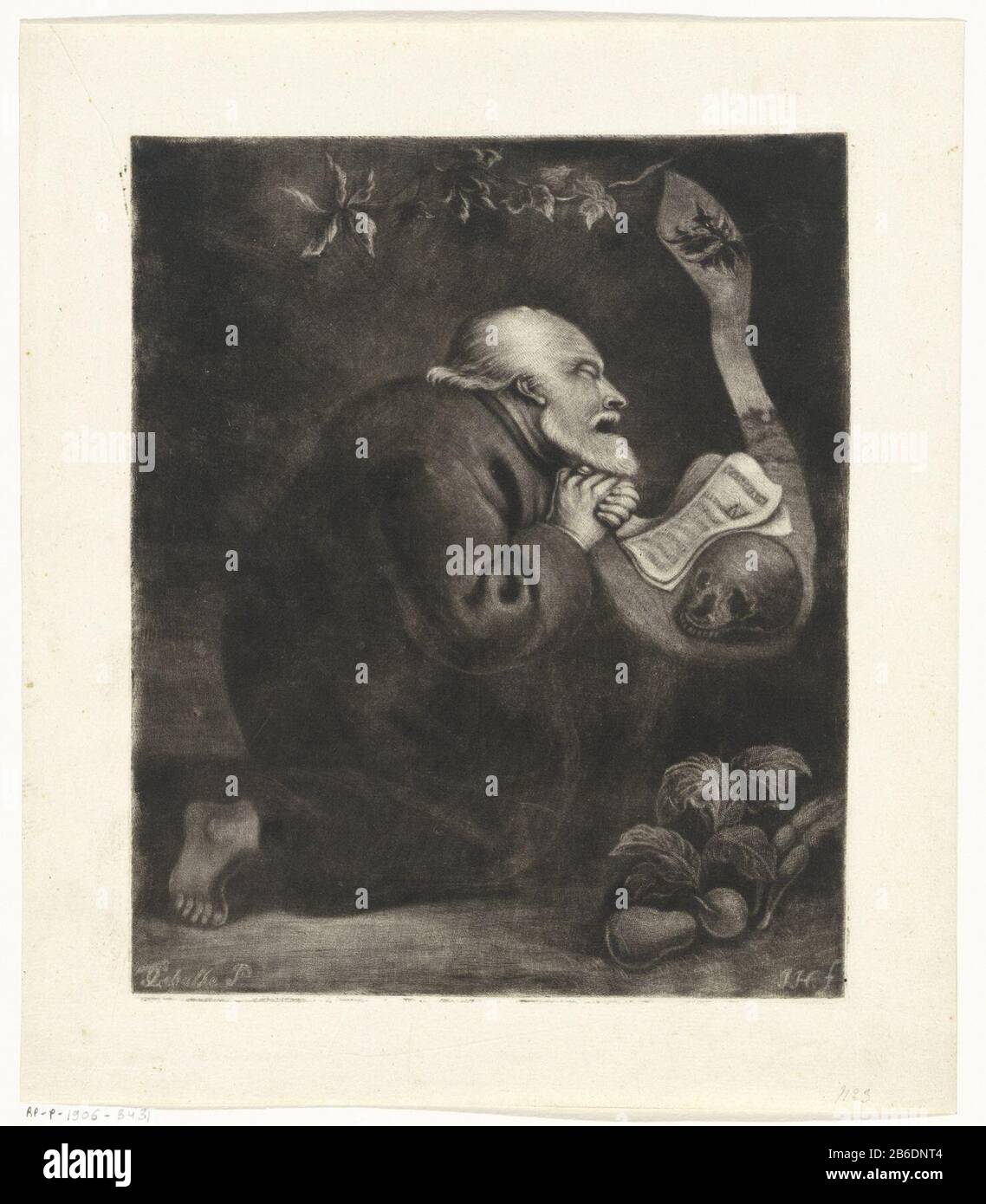 Un monaco si inginocchia per pregare all'aperto. Per lui sono un libro e un cranio umano. In primo piano alcuni vruchten. Produttore : stampatore Jacob Hoolaart (proprietà in elenco) Designed by: Godfrey Schalcken (proprietà in elenco) Fabbricazione Del Luogo: Dordrecht Data: 1723 - 1789 caratteristiche Fisiche: Mezzotinta materiale: Carta Tecnica: Dimensioni mezzotinta: Bordo della lastra: H 225 mm b × 187 mm Oggetto: Monaco (s), cranio frate (s) (umano) Foto Stock Un monaco si inginocchia per pregare all'aperto. Per lui sono un libro e un cranio umano. In primo piano alcuni vruchten. Produttore : stampatore Jacob Hoolaart (proprietà in elenco) Designed by: Godfrey Schalcken (proprietà in elenco) Fabbricazione Del Luogo: Dordrecht Data: 1723 - 1789 caratteristiche Fisiche: Mezzotinta materiale: Carta Tecnica: Dimensioni mezzotinta: Bordo della lastra: H 225 mm b × 187 mm Oggetto: Monaco (s), cranio frate (s) (umano) Foto Stock
