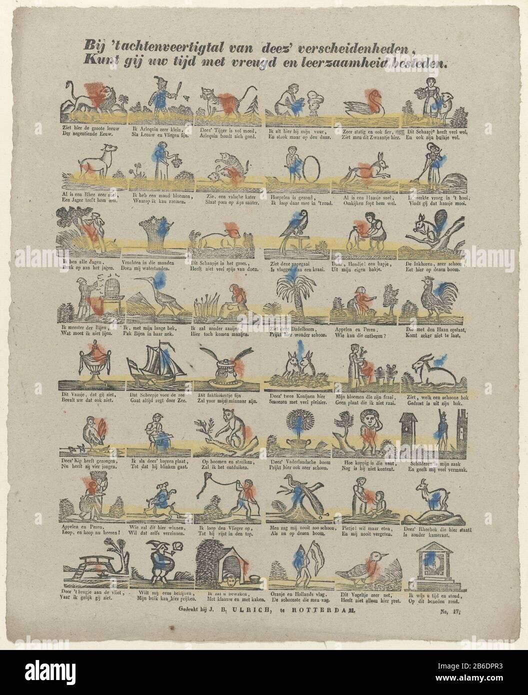Nelle varietà 't achtenveertigtal of deez', Potete trascorrere il vostro tempo con gioia e docilità (oggetto titolo) foglia con 48 rappresentazioni di animali, figure e oggetti, Dove: Sotto un leone, un ragazzo con un cerchio, una nave e un ponte. Sotto ogni mostra un versetto a due righe. Numerato in basso a destra: N. 17. Produttore : editore: Bernardus Jan Ulrich (edificio elencato) stampatore: Anonimo luogo produzione: Editore: Rotterdam Stampa autore: Olanda Data: 1816 - 1849 caratteristiche Fisiche: Legno colorato in giallo, blu e arancione; testo materiale di stampa: Carta Tecnica: Legno / colori / formati di stampa Foto Stock
