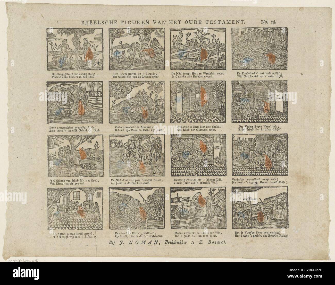 Figure bibliche del OT (oggetto del titolo) foglia con 16 rappresentazioni di storie nel Vecchio Testamento, come l'espulsione di Adamo ed Eva dal paradiso e Mosè rompere le tavole della legge. Sotto ogni immagine un verso a due linee. Numerato in alto a destra: N. 75. Produttore : Editore: Johan Noman (edificio elencato) stampatore: Anonimo luogo fabbricazione: Editore: Zaltbommel Stampa autore: Netherlands Data: 1806 - 1830 caratteristiche Fisiche: Legno colorato in blu e arancio; testo materiale di stampa: Carta Tecnica: Legno / colori / formati di stampa: Foglio: H 316 mm × W 405 mm Oggetto: Old testa Foto Stock