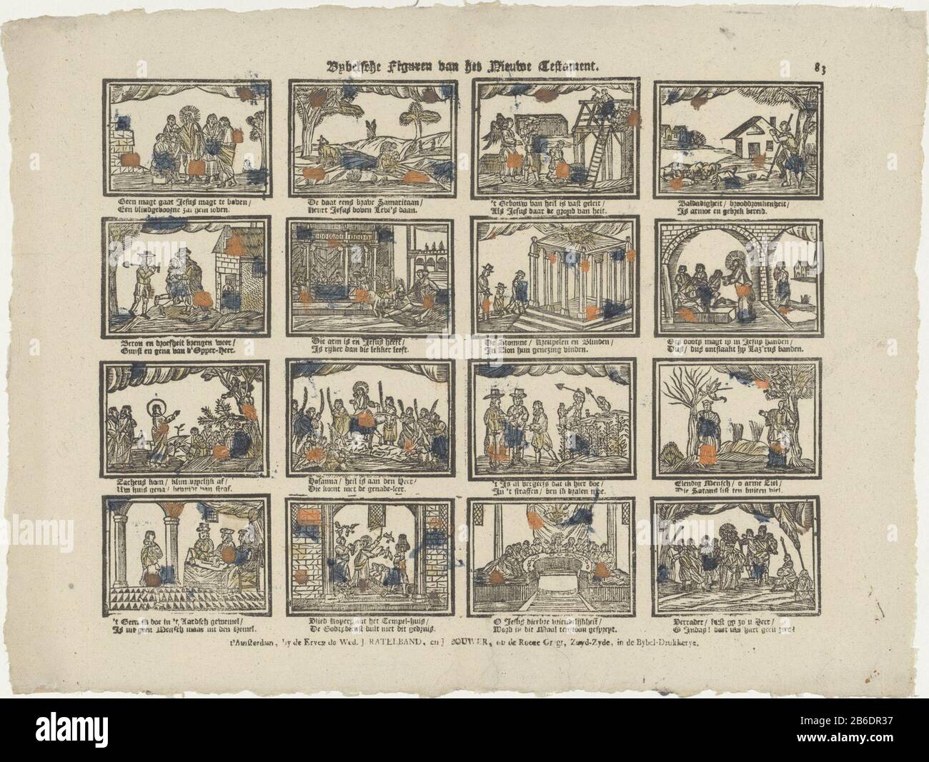 Figure bibliche del nuovo Testamento (oggetto del titolo) foglia con 16 storie di scene del nuovo Testamento. Sotto ogni immagine un verso a due linee. Numerato in alto a destra: 83. Produttore : Editore: The Inherit the Widow Ratelband J. and J. Bouwer (listed building) printmaker: Anonymous Place manufactured: Publisher: Amsterdam Print autore: Netherlands Data: CA. 1782 - ca. 1793 caratteristiche Fisiche: Legno tagliato colorato in blu, giallo e arancione; testo materiale di stampa: Carta Tecnica: Legno / colori / formati di stampa: Foglio: H 309 mm × W 413 mm Oggetto: Nuovo Testamento Foto Stock