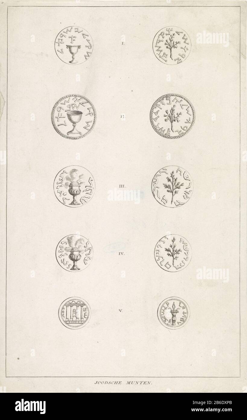 Foglio con monete ebraiche i-V monete ebree Sche (oggetto del titolo) Cinque monete ebraiche Dove: Dalla parte anteriore e posteriore è mostrato. I-V. numerato Produttore : tipografia: Anonymous location produzione: Olanda Data: 1700 - 1900 caratteristiche Fisiche: Acquaforte materiale: Carta Tecnica: Acquaforte dimensioni: Piastra bordo: H 322 mm × W 207 mm Oggetto: Moneta Foto Stock