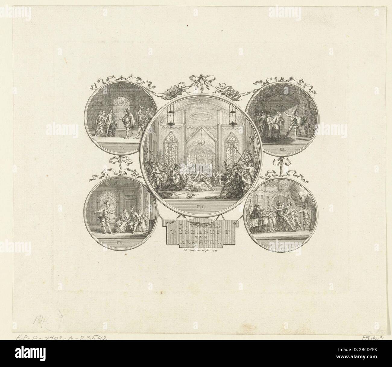 Foglia con cinque scene in tutto il medaglioni numerati IV del gioco Gijsbrecht Amstel Joost van den Vondel. Prestazioni centrali in grande tondo circondate da quattro piccoli round. I medaglioni collegati da nastri, giù un cartouche con il testo: JvVondels Gysbrecht di Aemstel. Produttore : stampatore Simon Fokke (edificio elencato) nel suo disegno: Simon Fokke (proprietà elencata) Luogo di produzione: Paesi Bassi del Nord Data: 1775 Caratteristiche Fisiche : materiale di incisione: Tecnica della carta: Dimensioni di incisione: Bordo della piastra: H 194 mm × W 229 mmToelichtingDe la rappresentazione è spiegata nel libretto allegato Foto Stock