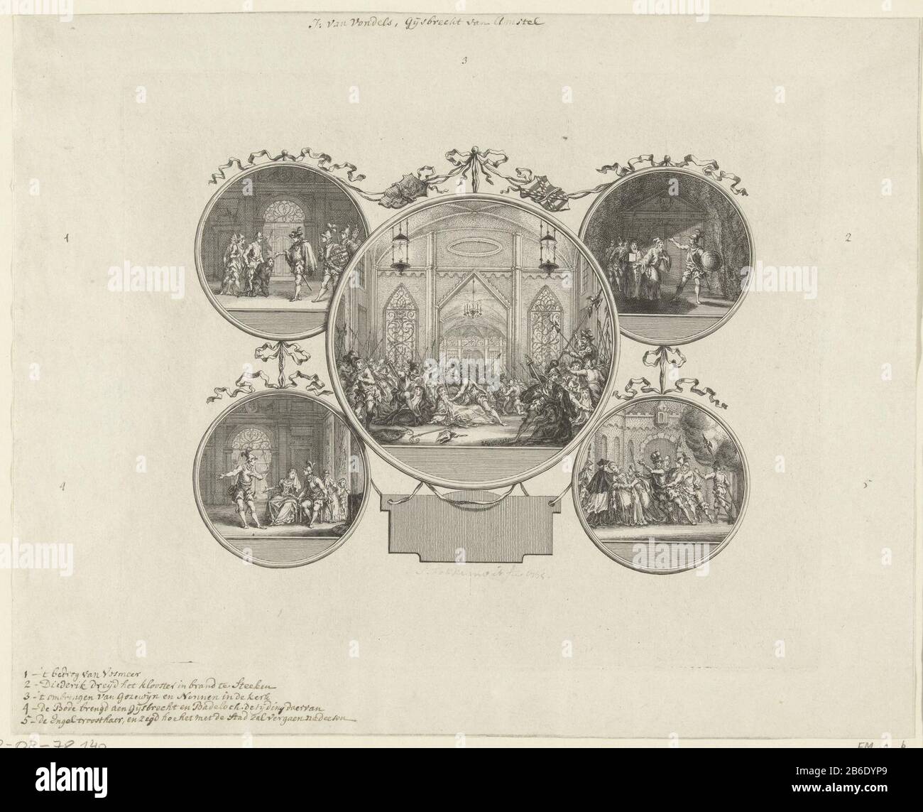 Leaf con cinque scene di scena in medaglioni rotondi dal gioco Gijsbrecht Amstel Joost van den Vondel. Grande performance centrale rotonda circondata da quattro piccole ronde. Produttore : stampatore Simon Fokke (edificio elencato) nel suo disegno: Simon Fokke (proprietà elencata) Luogo di produzione: Nord Olanda Data: 1775 caratteristiche Fisiche: Materiale di incisione: Tecnica della carta: Incisione dimensioni: Bordo della piastra: H 194 mm × W 231 mmToelichtingStaat prima della lettera. Lo spettacolo è spiegato nel documento di accompagnamento Statement of print Imagination J. van Vondel Gysbrecht di Aemstel, Arend Fokke, Amsterdam Foto Stock