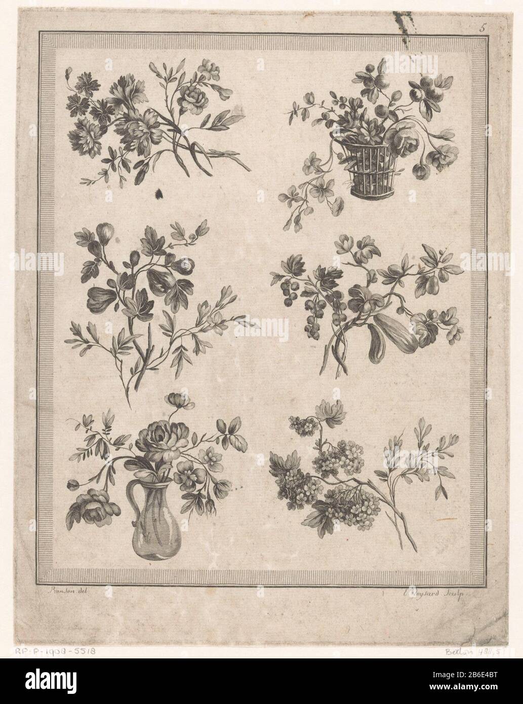 Fiori e cesto maggio 5th Cahier de Vases e Cestini (titolo della serie) Sei piccole regolazioni, in alto a destra in un cesto, a sinistra sotto un kan di vetro. Produttore : stampatore: Etienne Claude Voysard (proprietà in elenco) a disegno: Pierre Ranson (edificio in lista) editore: Esnauts & RapillyPlats fabbricante: Paris Data: 1778 caratteristiche Fisiche: Acquaforte materiale: Tecnica: Acquaforte dimensioni: Bordo piatto: H 283 mm × W 221 mm Oggetto: Fiori in vaso Foto Stock