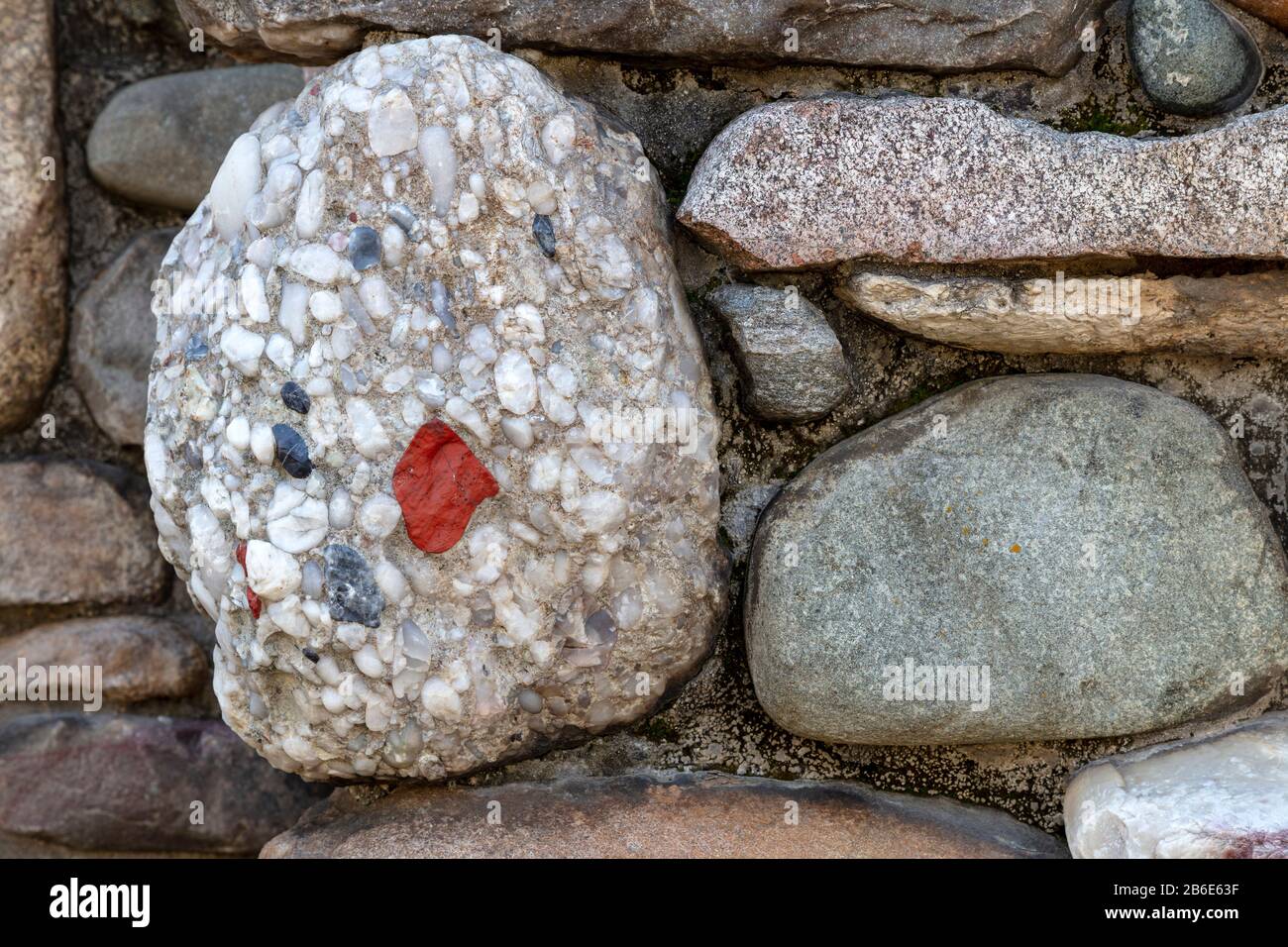 Puddingstone Rock Set in Stone Fence, Michigan, USA, di James D Coppinger/Dembinsky Photo Assoc Foto Stock