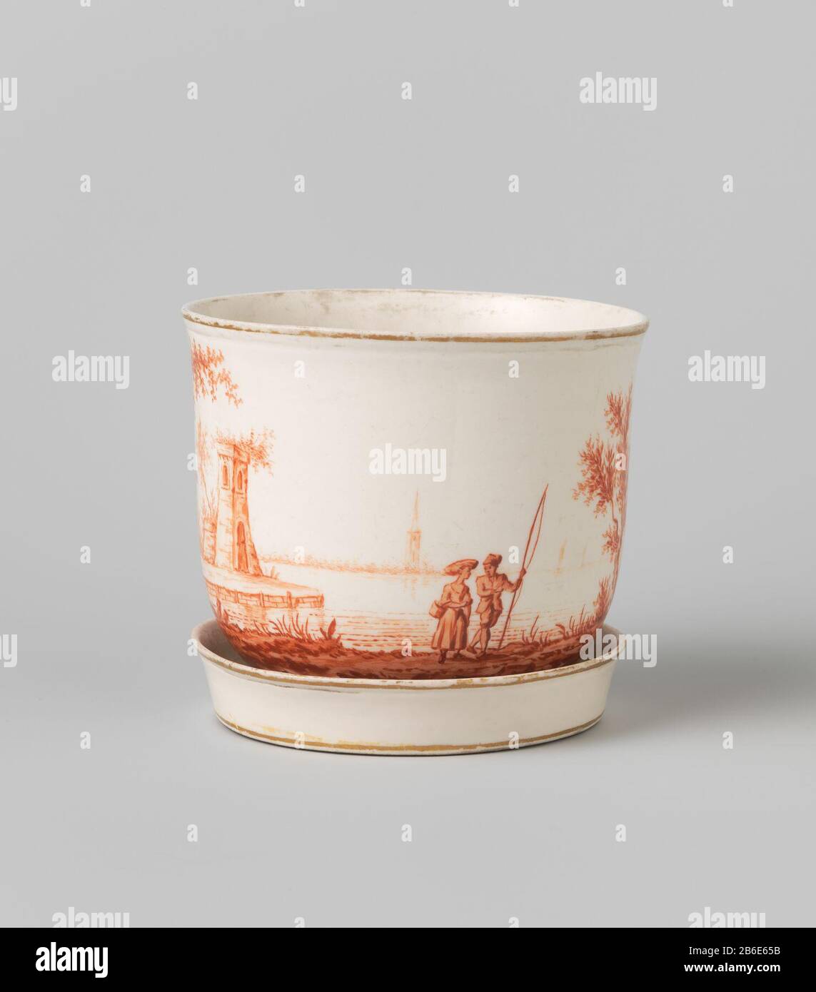 Flowerpot op de rechte pot is een revierlandschap met een ruine geschilderd. Produttore : porseleinfabriek: Manufactuur Oud-LoosdrechtPlats fabbricante: Loosdrecht datazione: 1774 - 1784 Materiale: Porselein dimensioni: H 11,5 cm. × d 12,5 cm. (bovenrand) Foto Stock